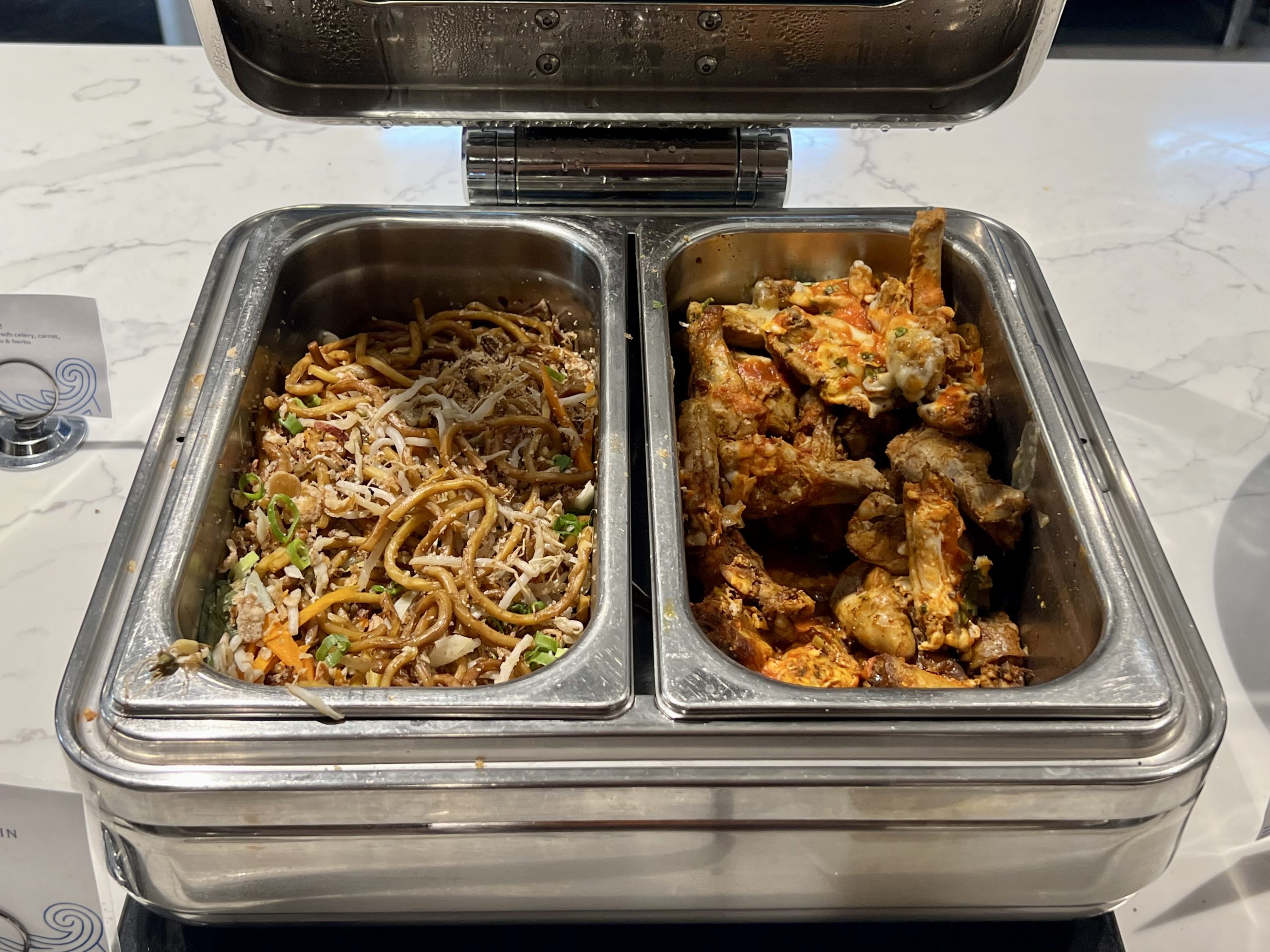American Express Centurion Lounge Sydney stirfried hokkein and snow cheese spicy wings