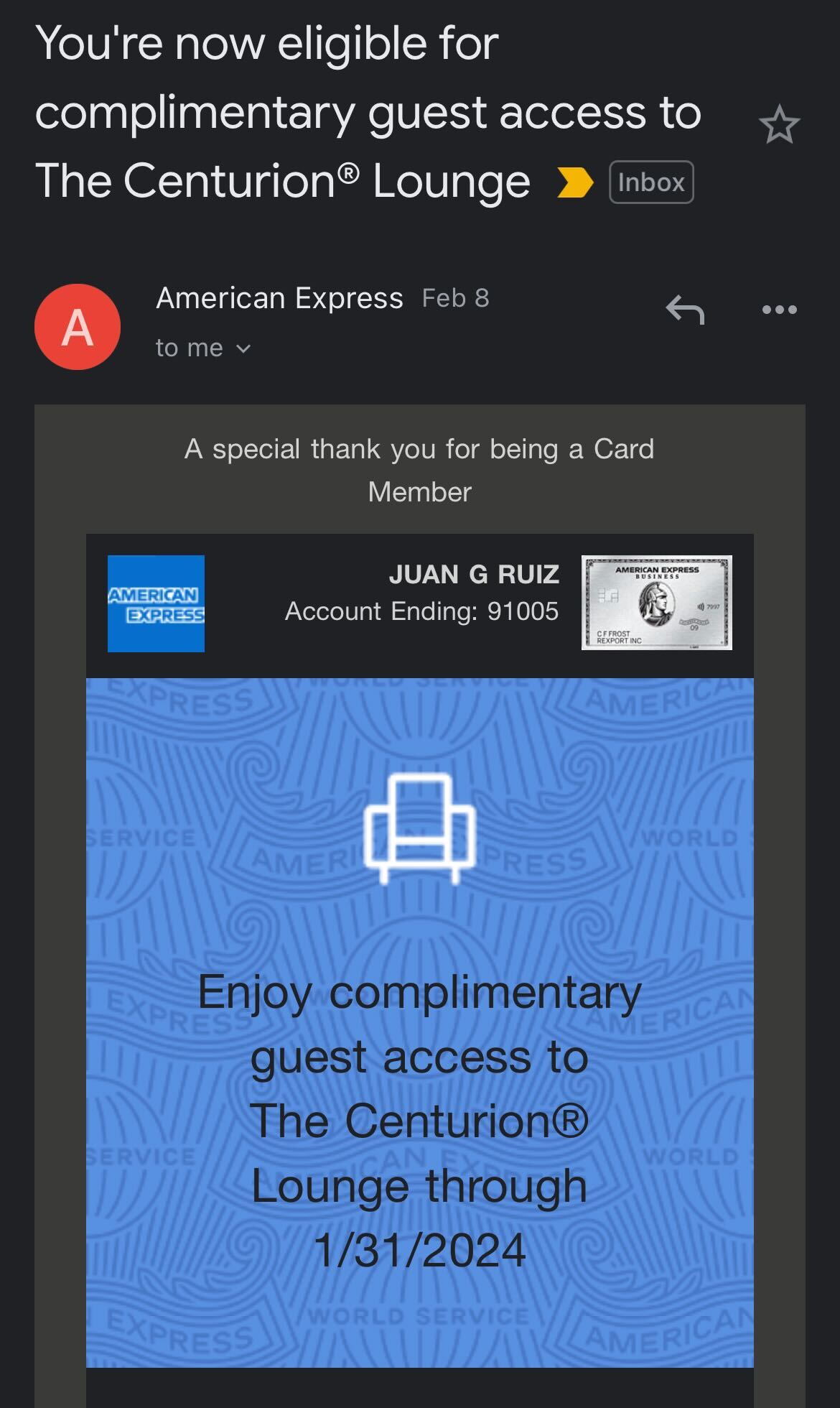 Complimentary Centurion Lounge Access