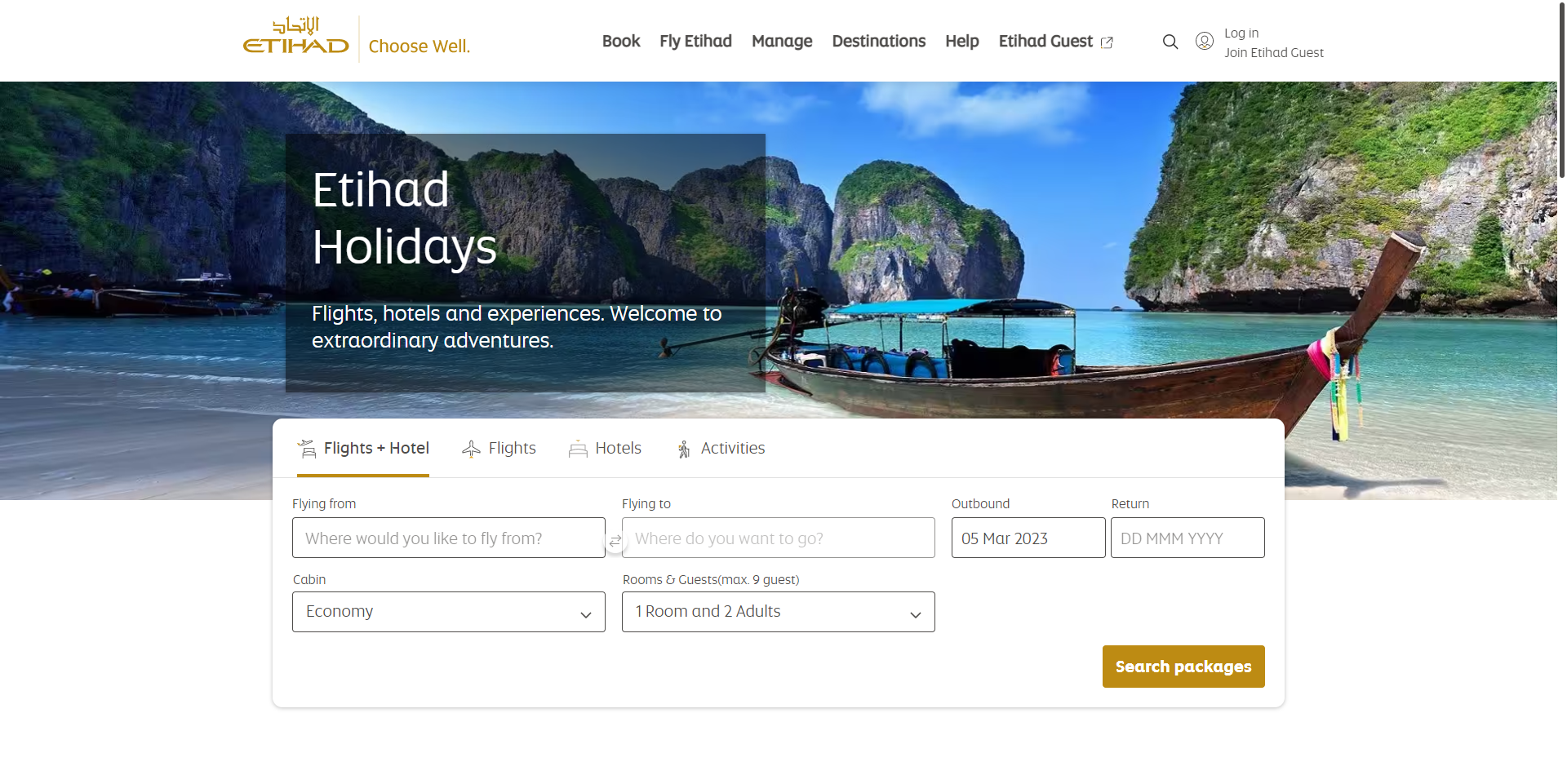 Etihad Holidays landing page