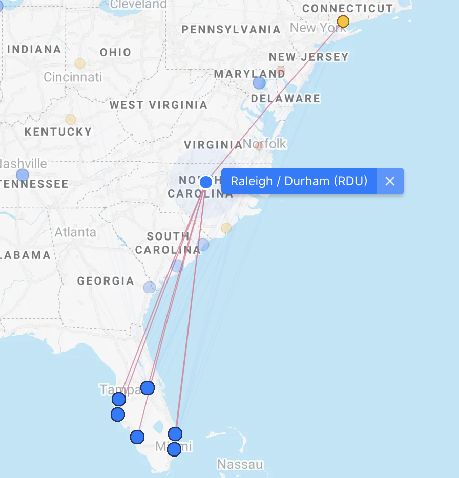Map of Avelos routes from RDU base