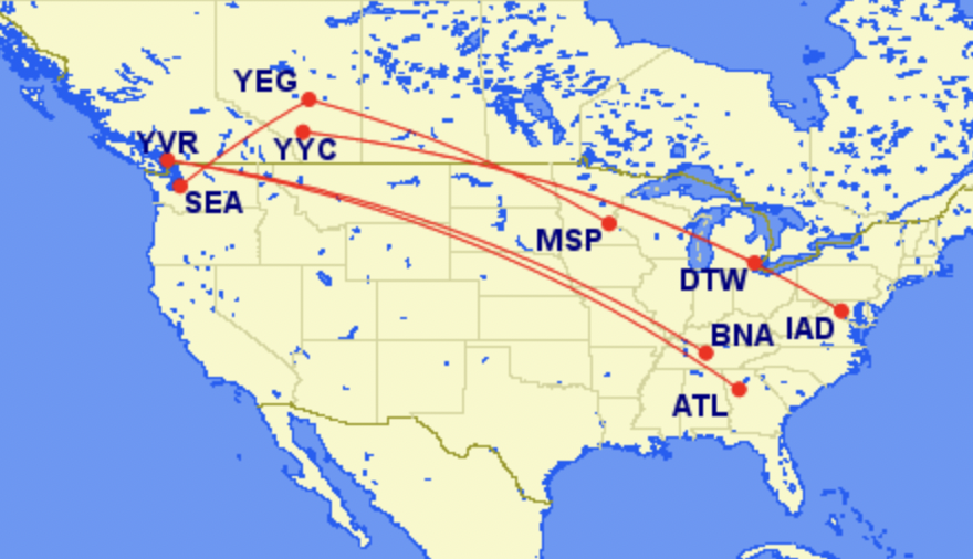 Map of WestJet new transborder services starting summer 2023