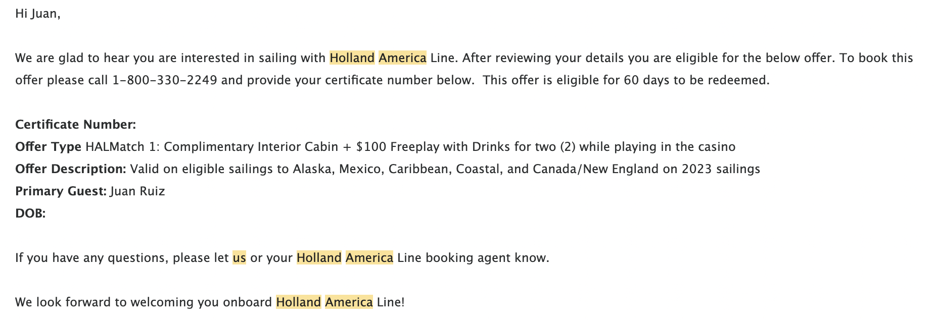 Holland America Status Match Email 