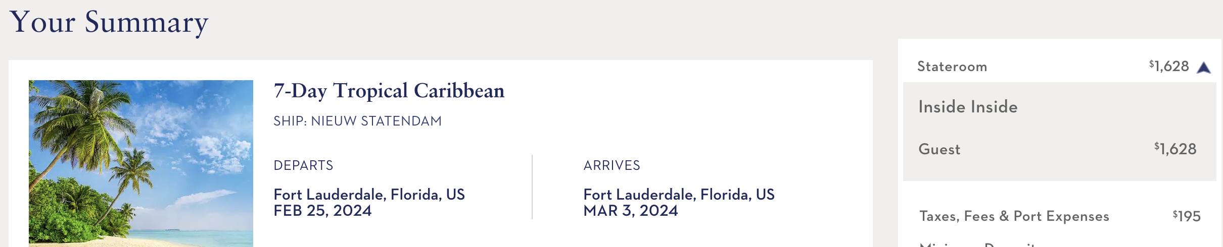 Holland America Tropical Caribbean Inside Cabin Screenshot pricing