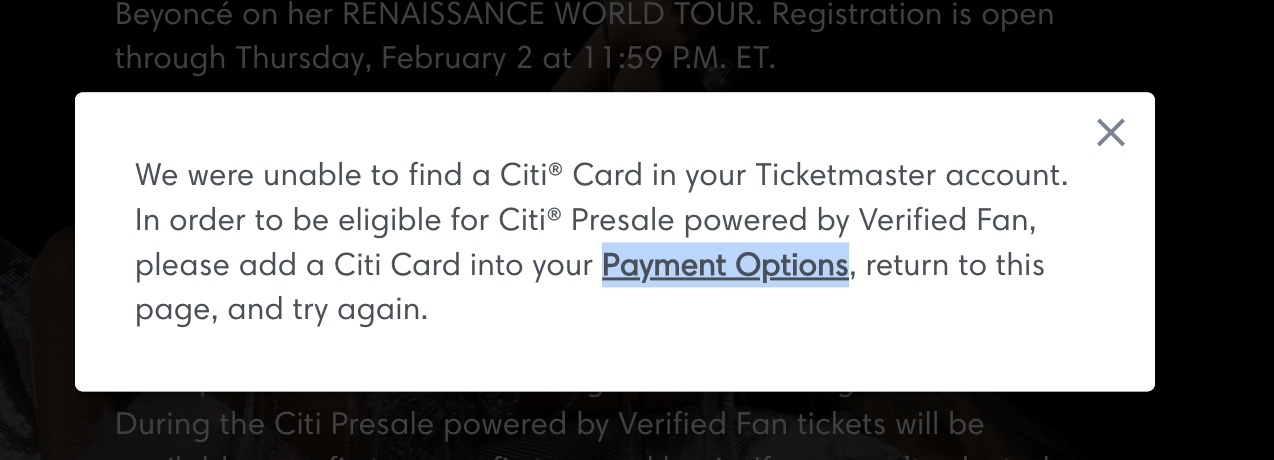 Citi error message