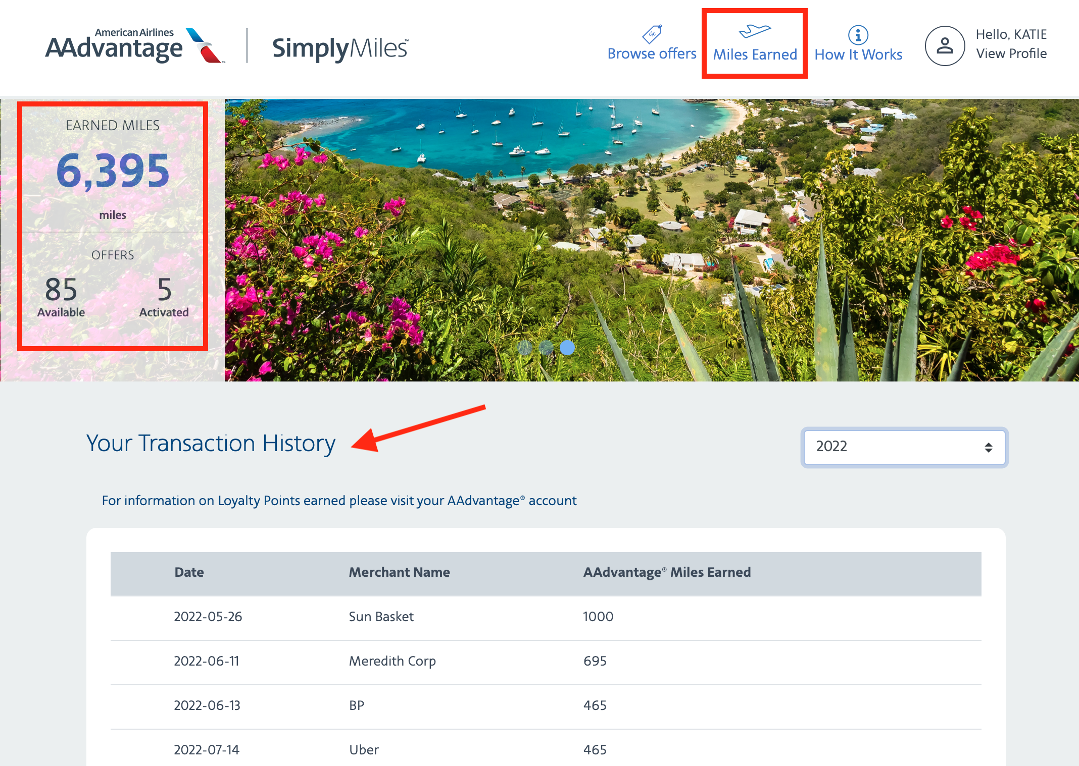 SimplyMiles transaction history