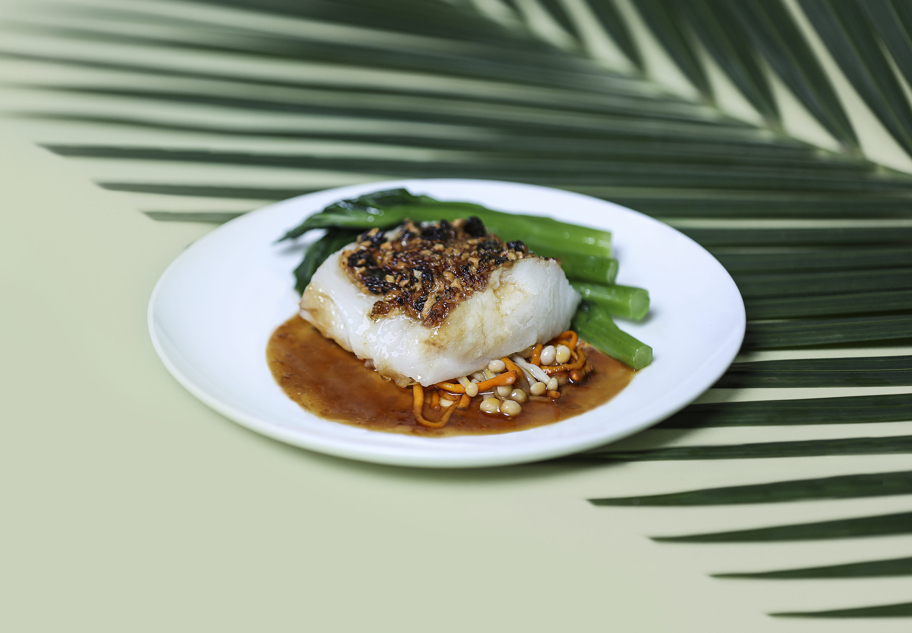 Steamed halibut with cordyceps flowers, aged mandarin peel, and preserved black olives
