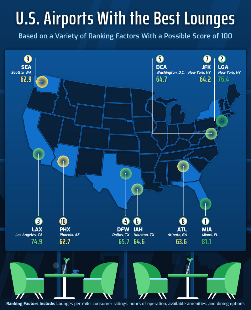 A U.S. map showing the airports with the best lounges