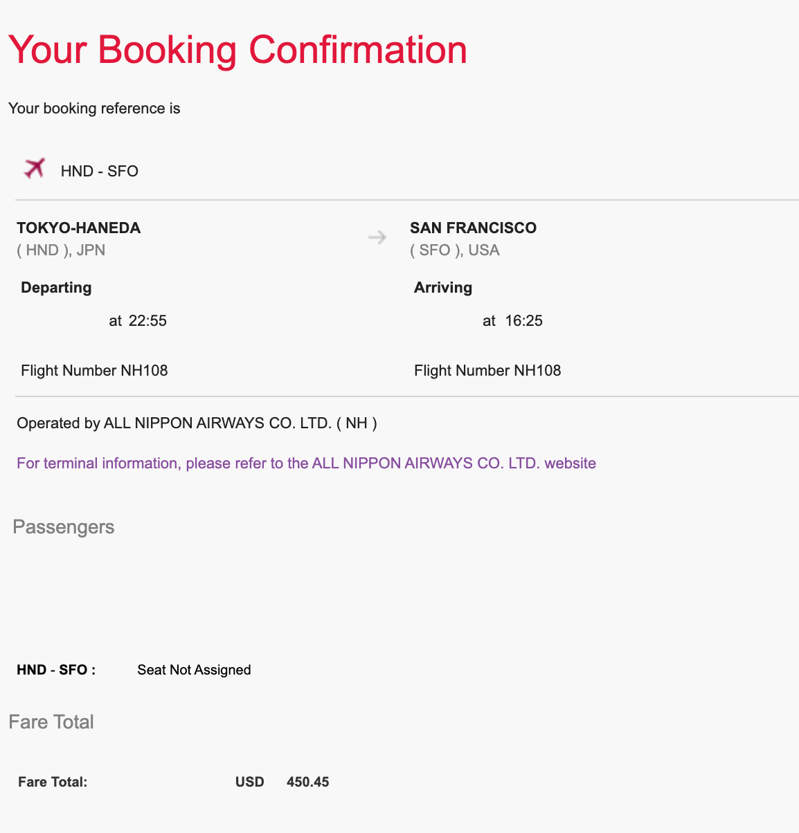 ANA First Class Virgin Booking