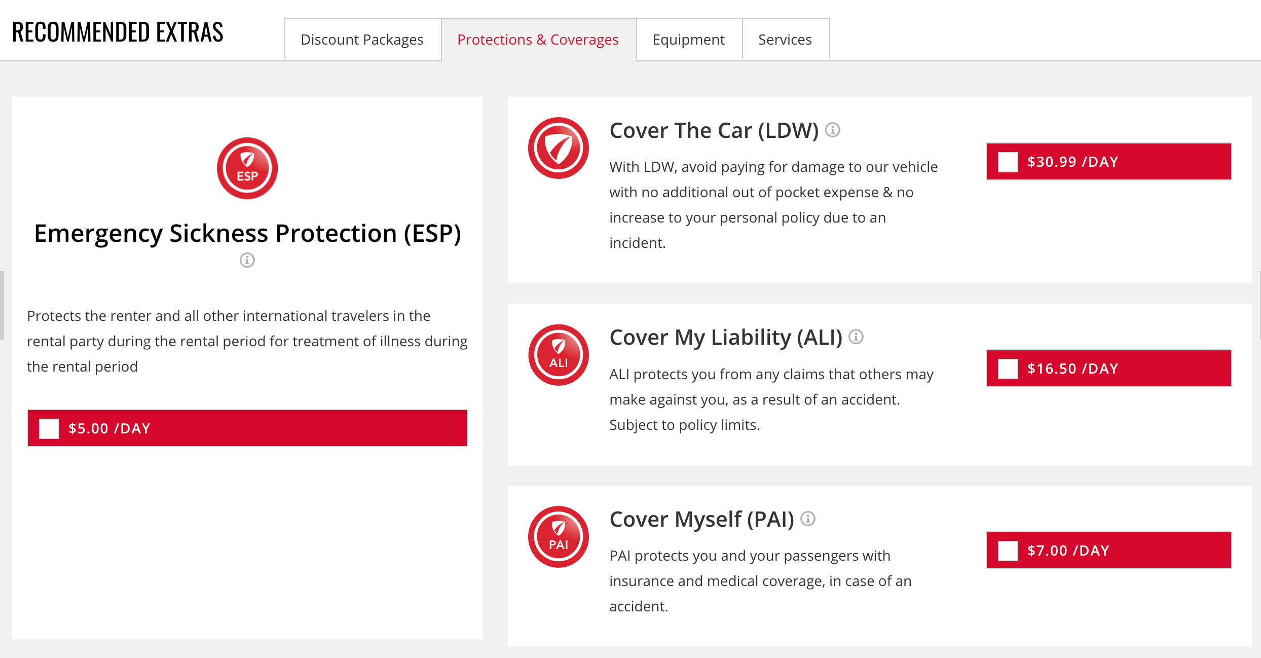 Avis car rental insurance and extras