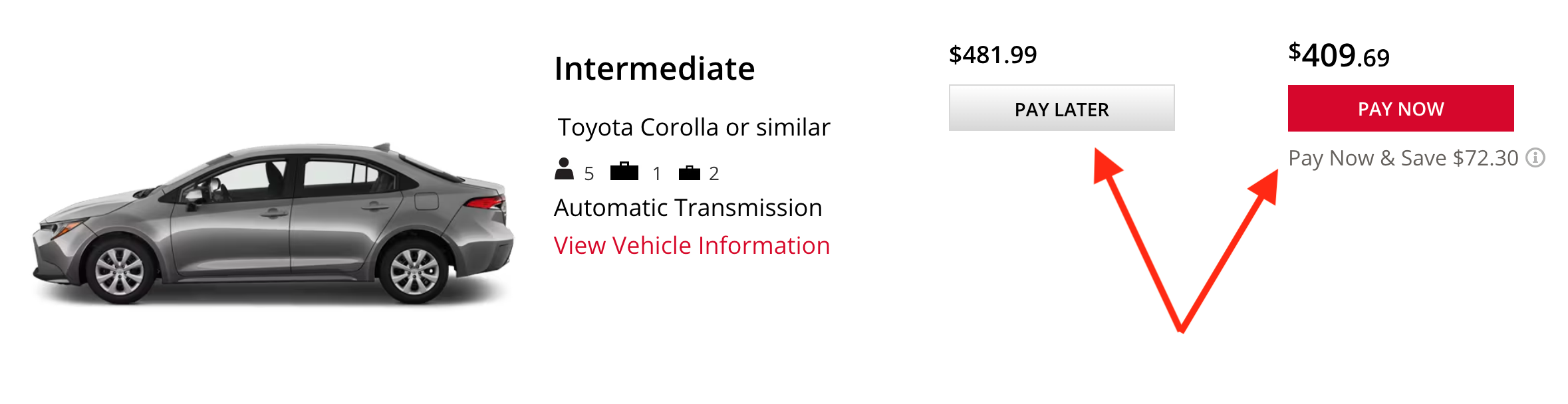 Avis car rental search results