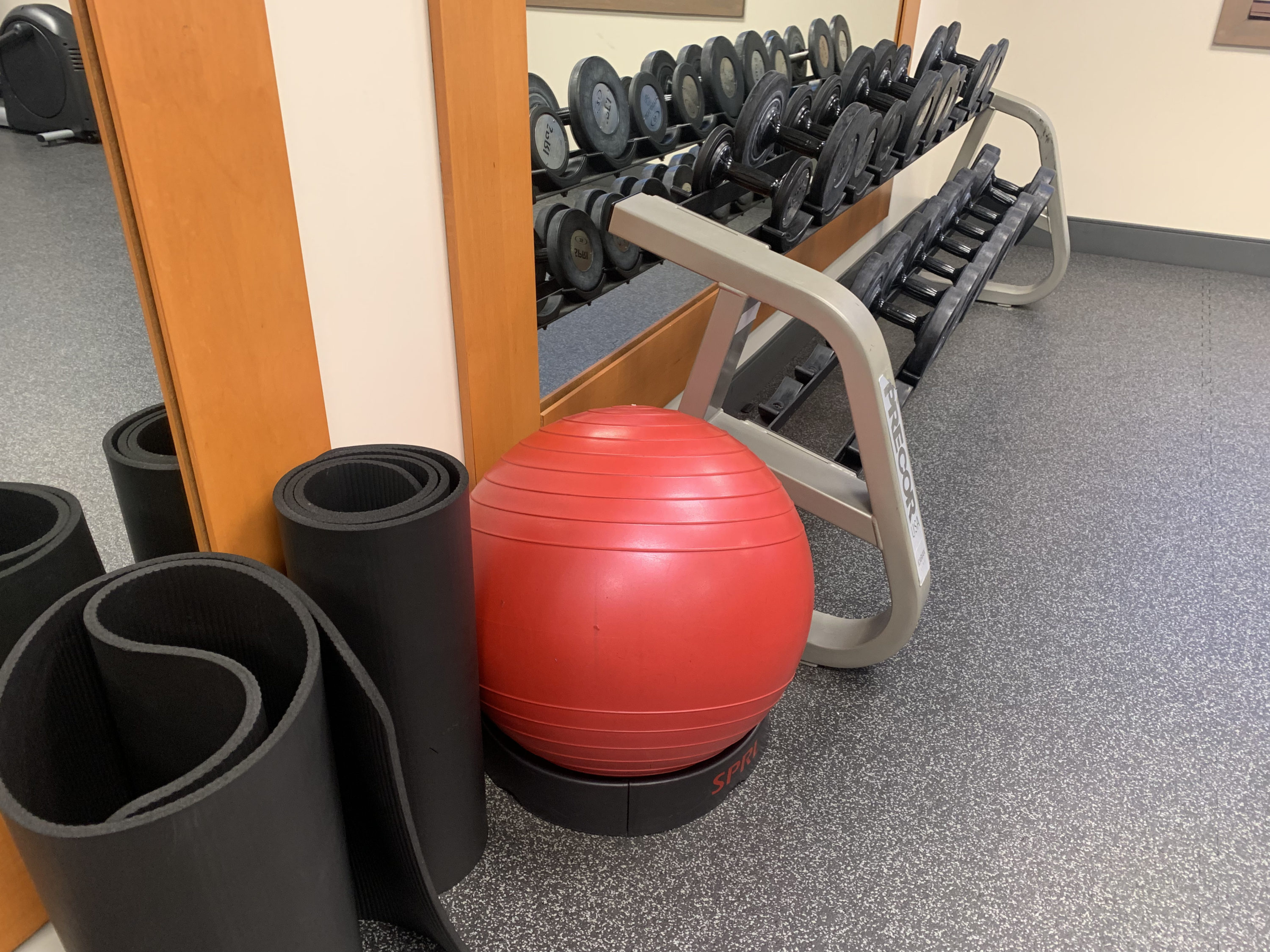 Balance ball and yoga mats in the fitness room at Homewood Suites Austin Round Rock