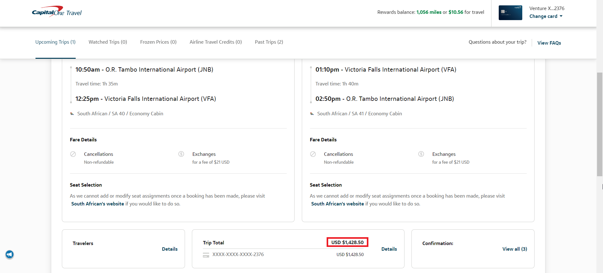 Capital One Travel flight confirmation