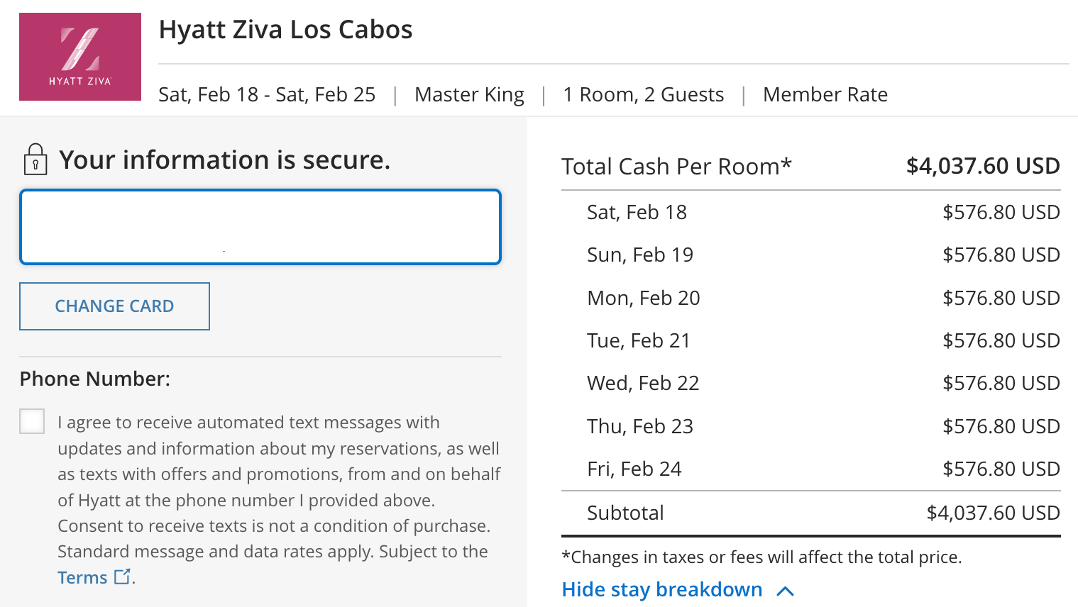 Cost breakdown Hyatt Ziva