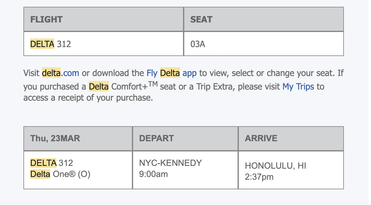 Delta One Confirmed JFK to HNL