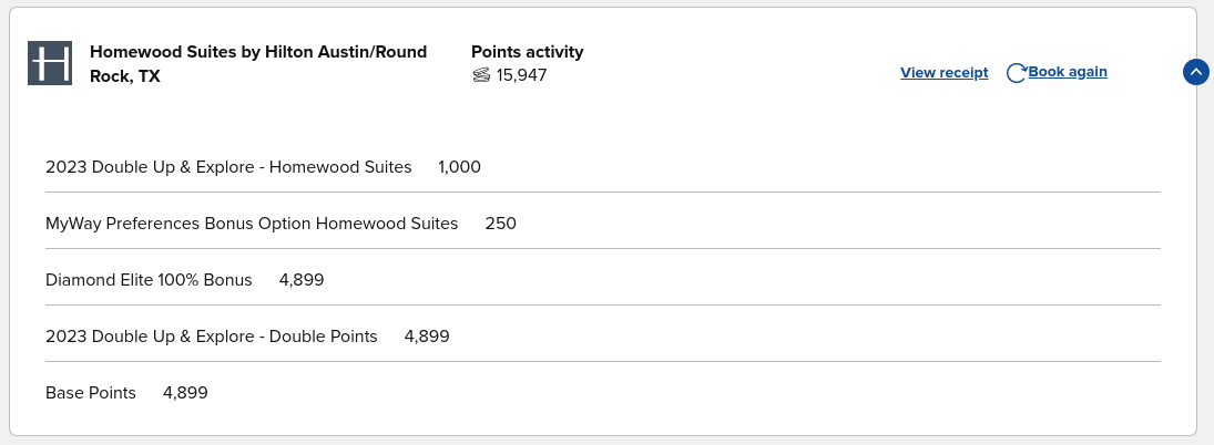 Hilton Honors points earned at Homewood Suites Austin Round Rock