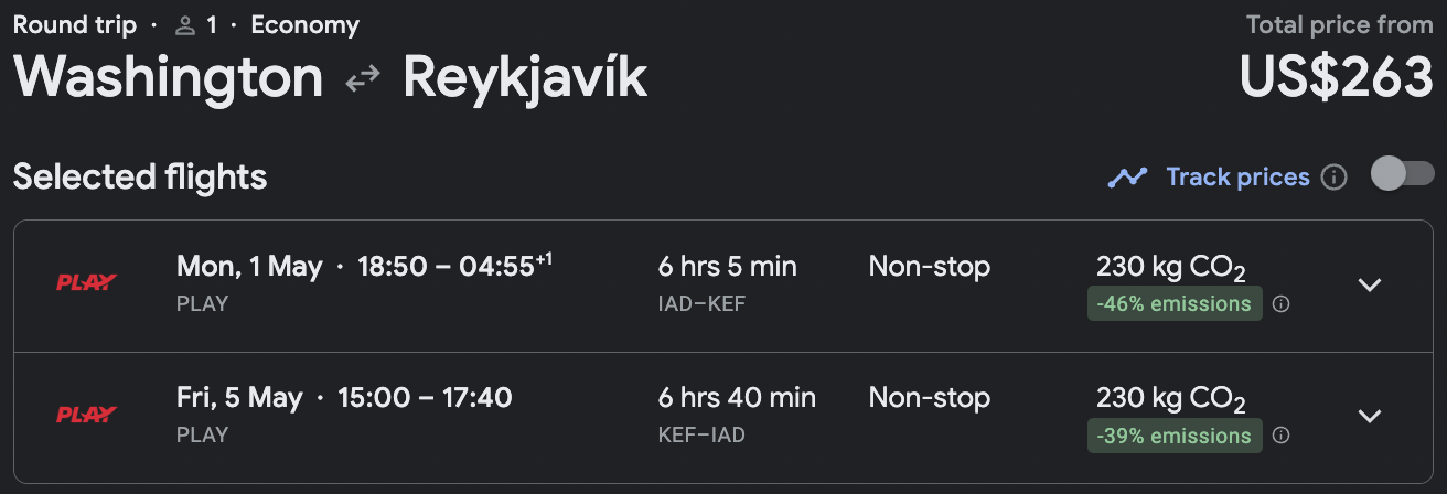 Low cost Play fares from Washington DC to Iceland