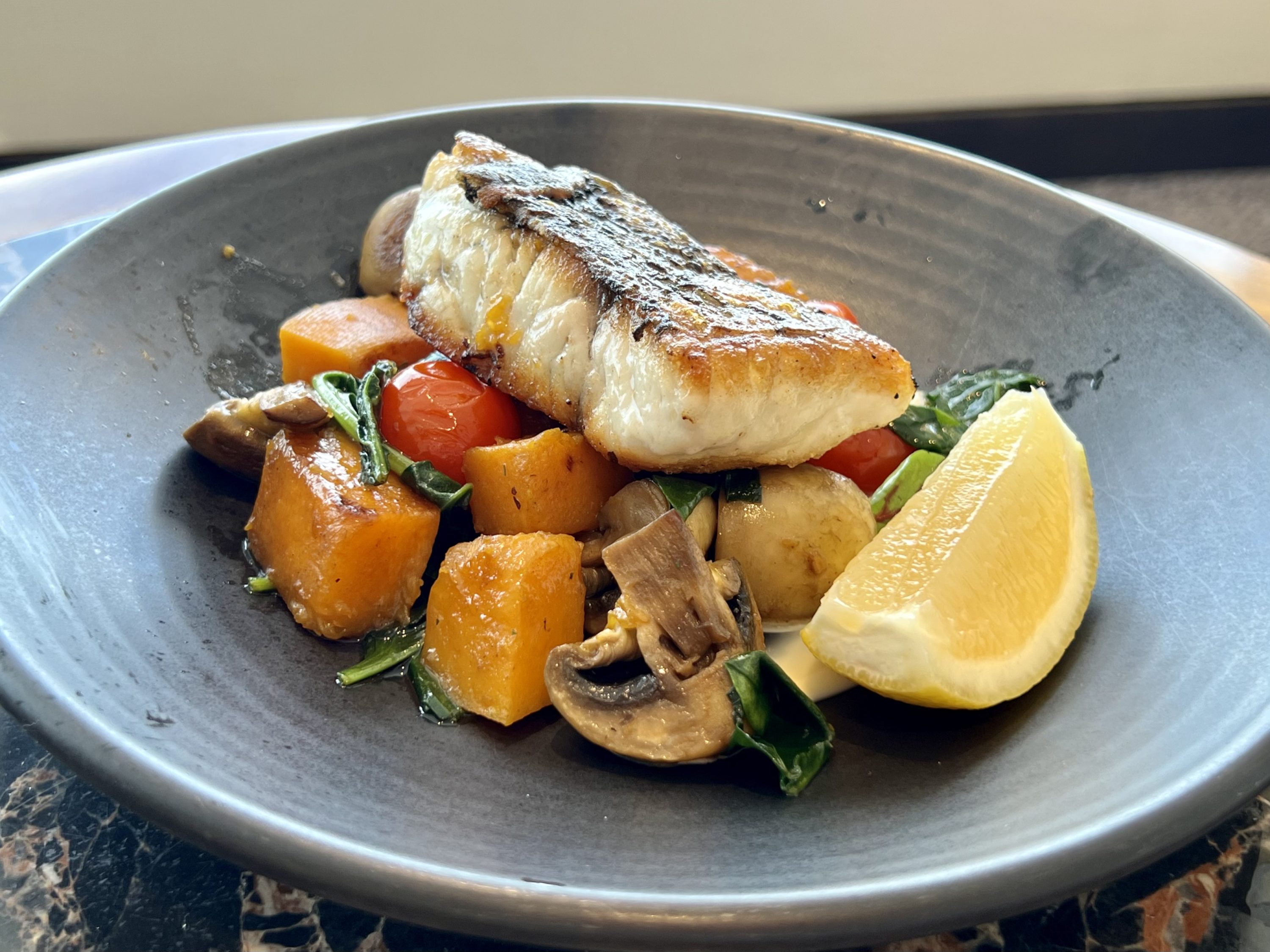 Singapore SilverKris First Class lounge at SYD FB pan seared barramundi
