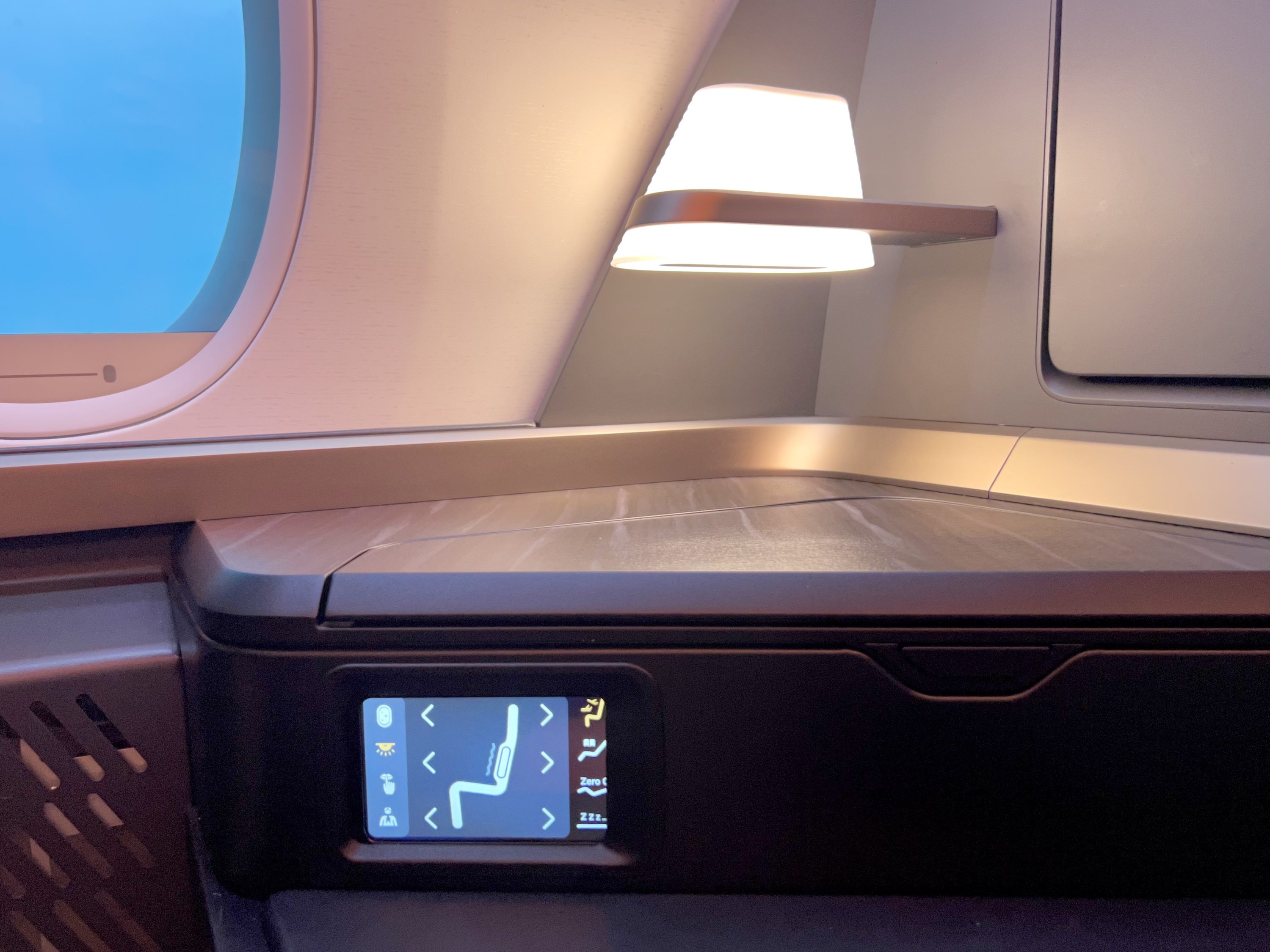 Starlux A359 Business Class seat controls and storage