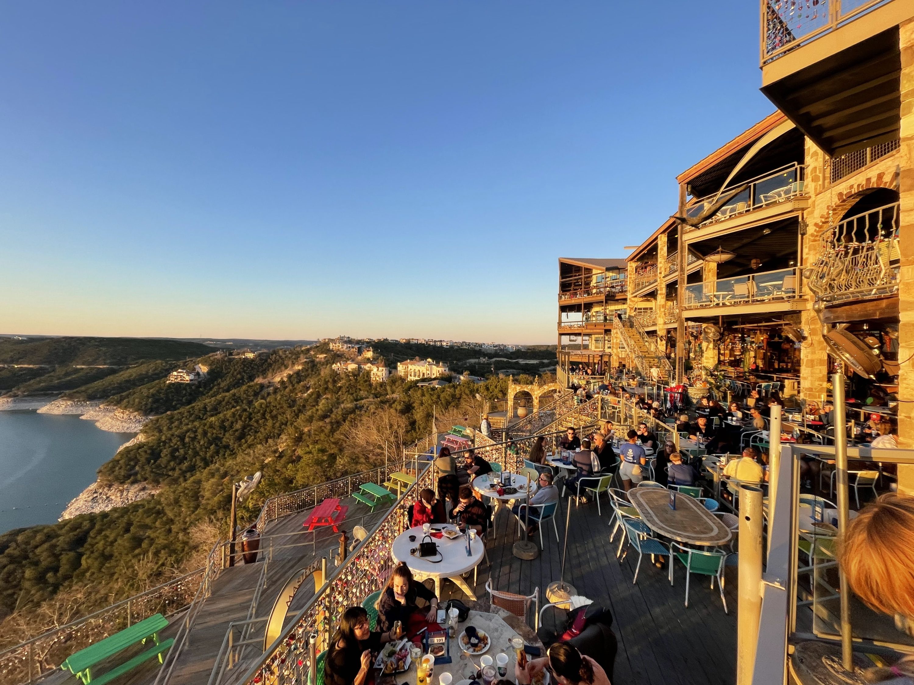 The Oasis Restaurant in Austin has a cliffside patio with sunset lake views