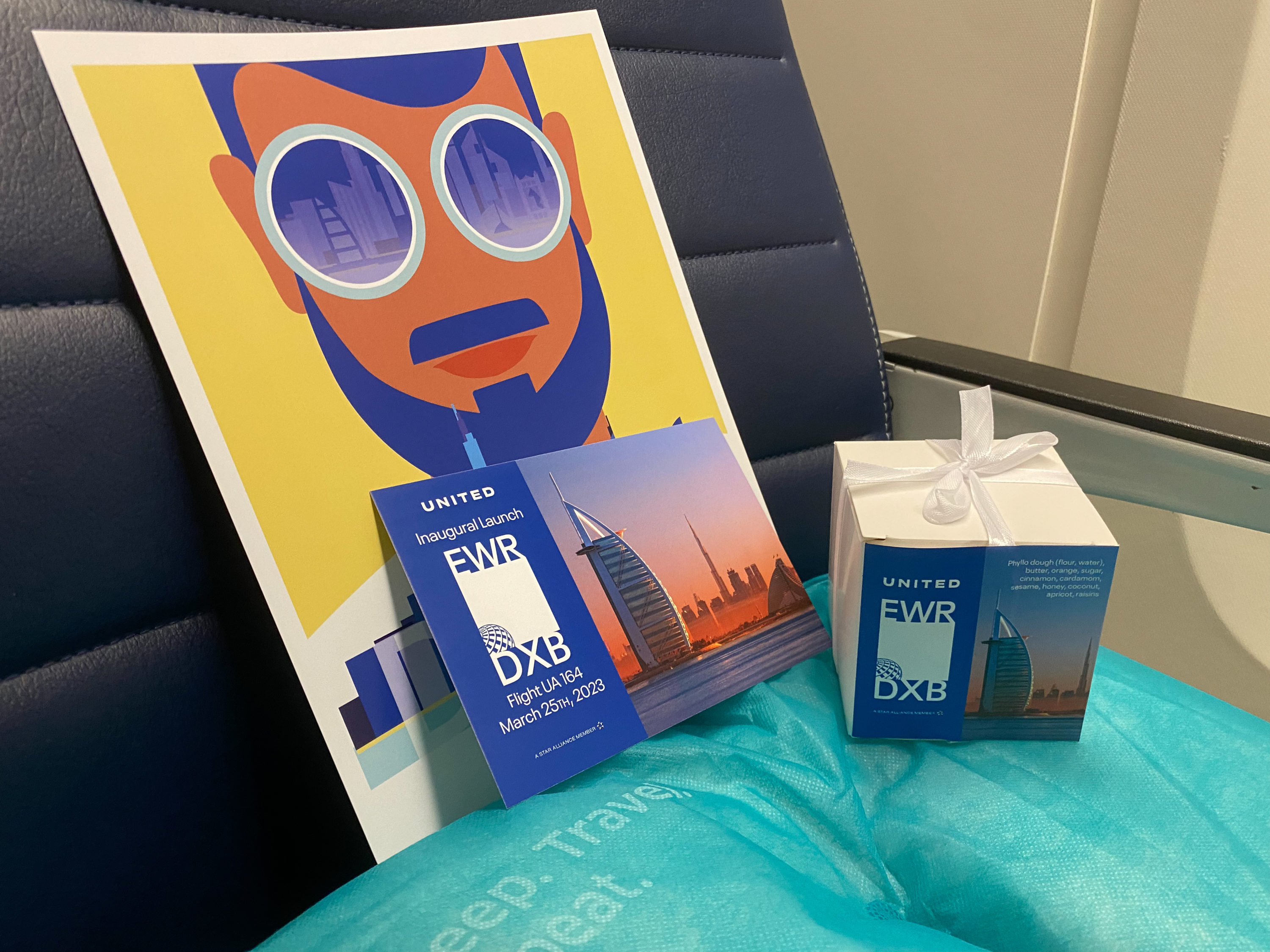 United Inaugural EWR DXB economy amenities