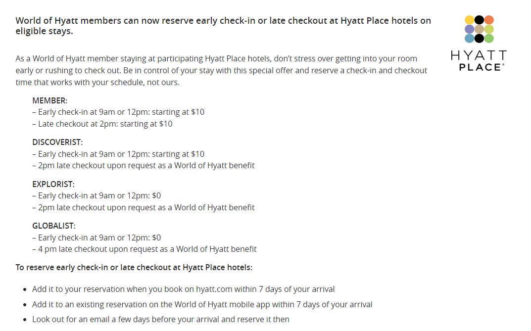 World of Hyatt Early Check In fee list