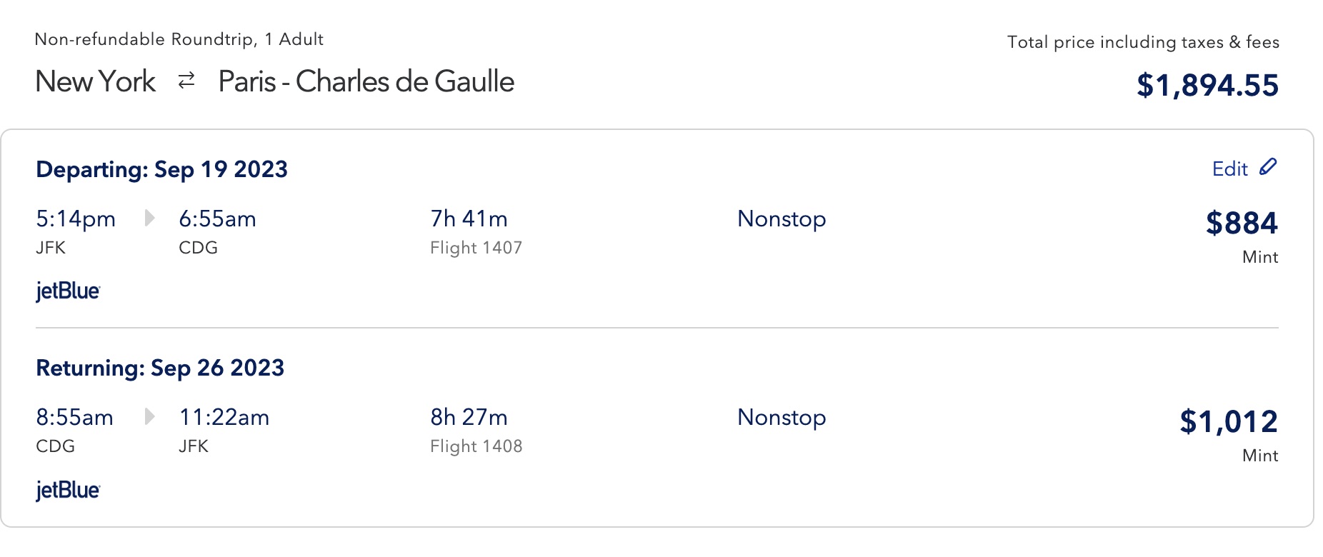 JetBlue Mint JFK CDG Deal