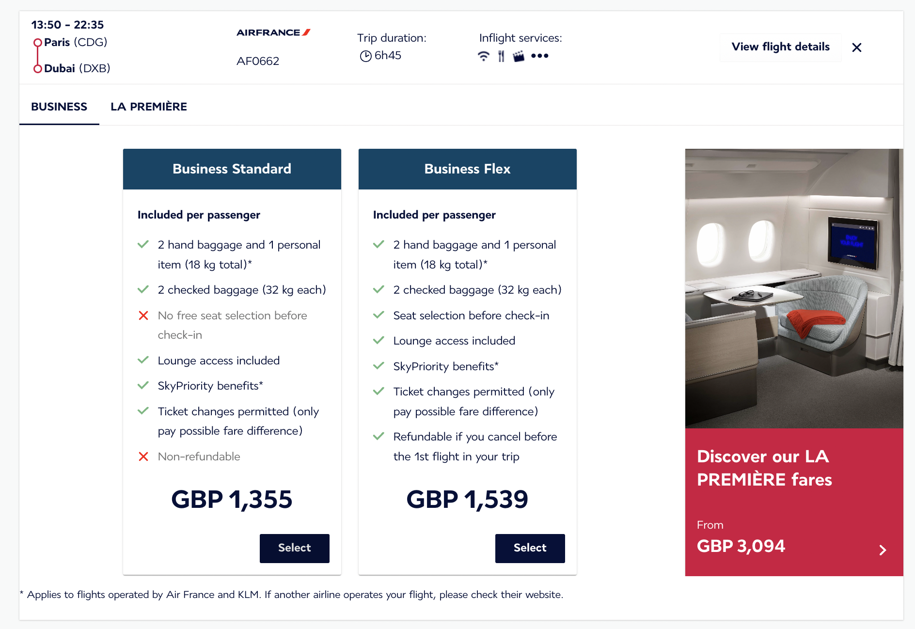 Air France Business Class Fare