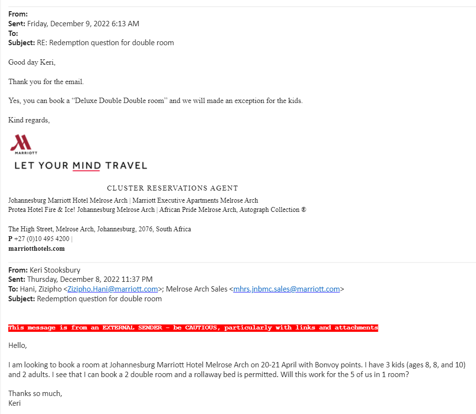 Johannesburg Marriott Hotel Melrose Arch email communication