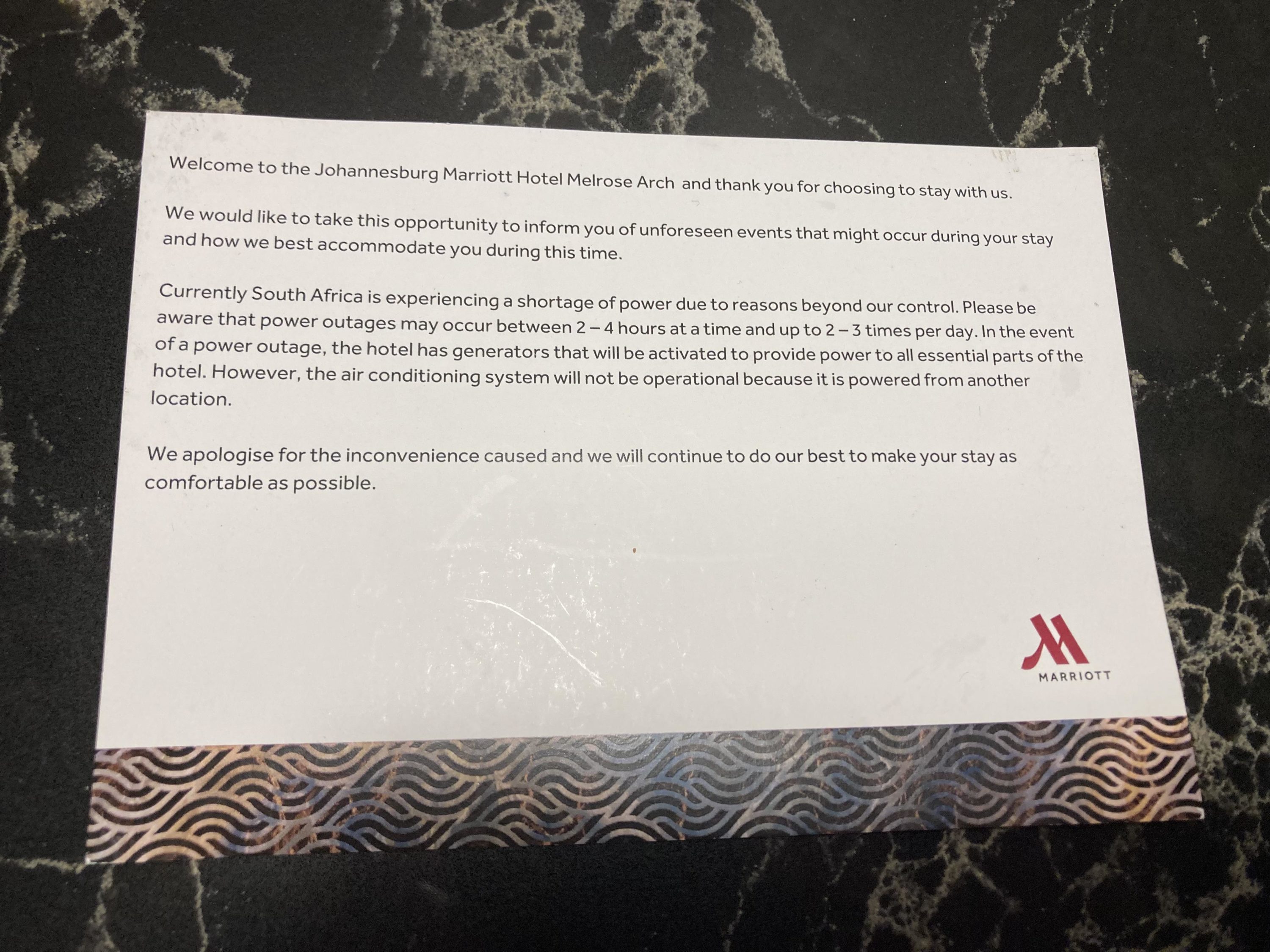 Johannesburg Marriott Hotel Melrose Arch loadshedding