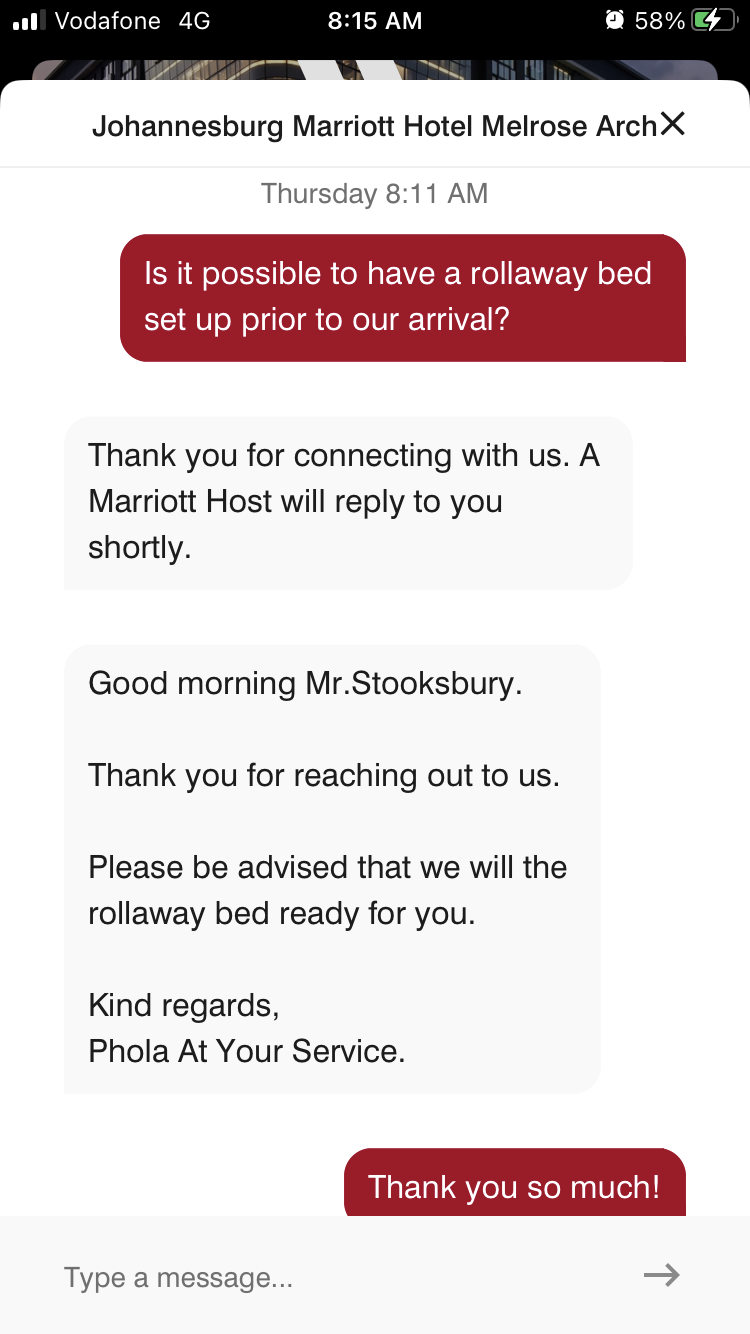 Johannesburg Marriott Hotel Melrose Arch text chat