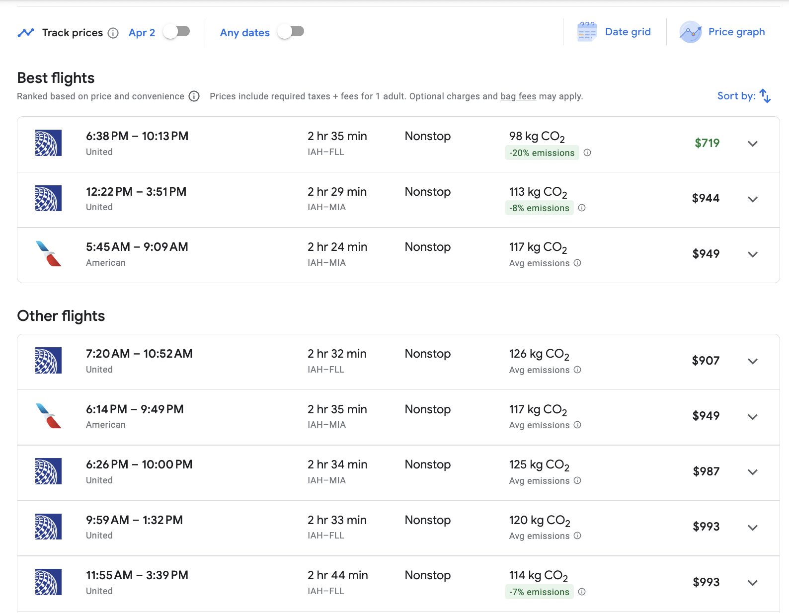 IAH-MIA Google Flights Screenshot