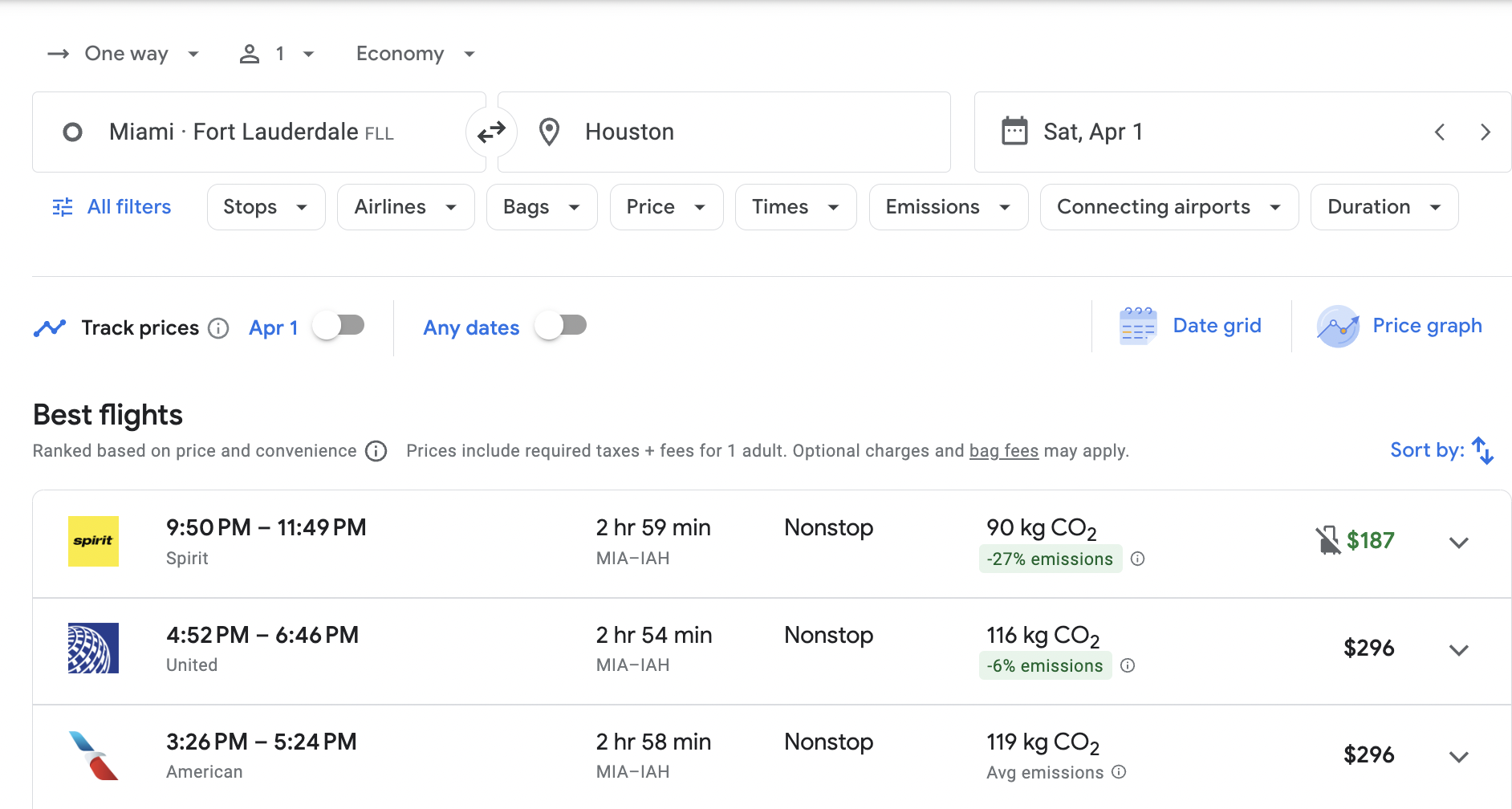 Google flights MIA-IAH screenshot 2
