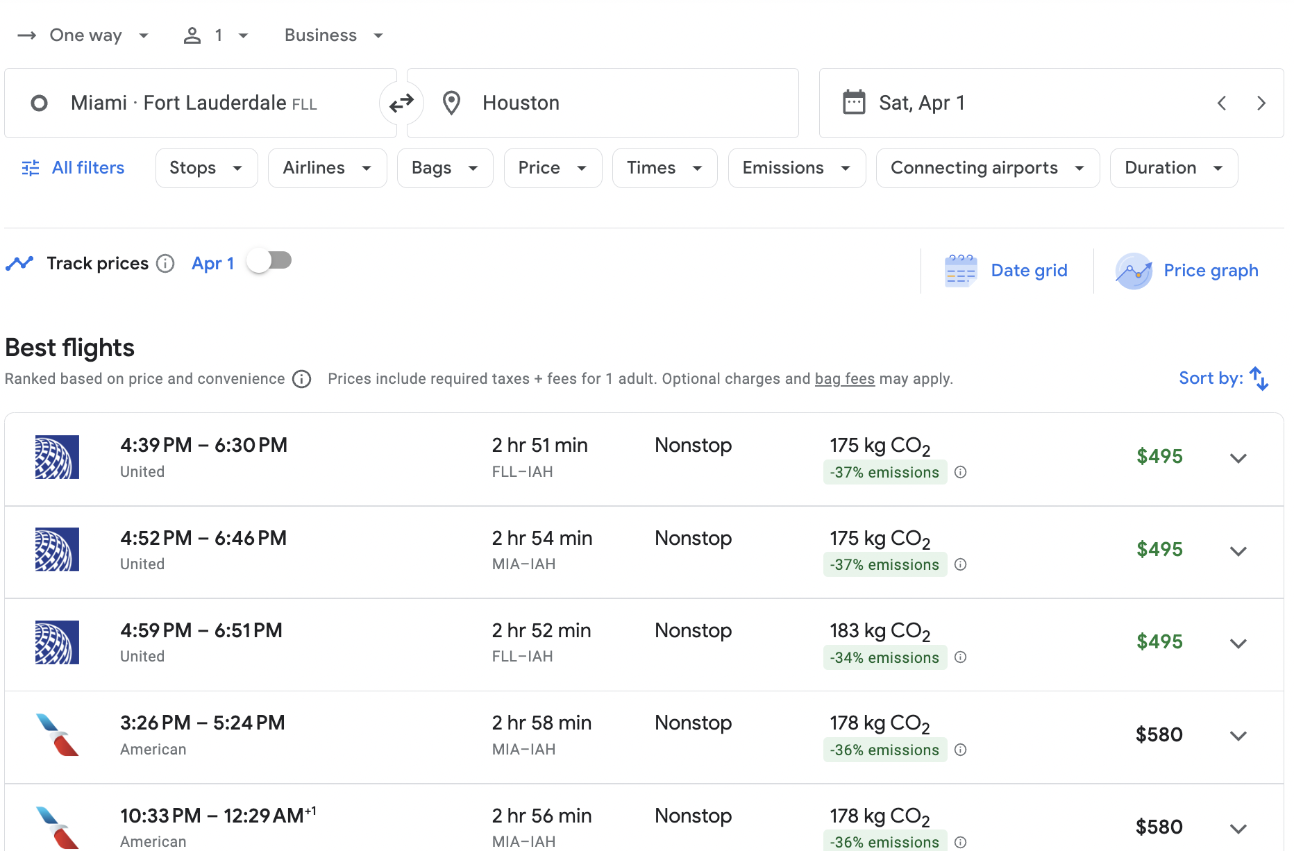 Google Flights MIA/FLL-IAH