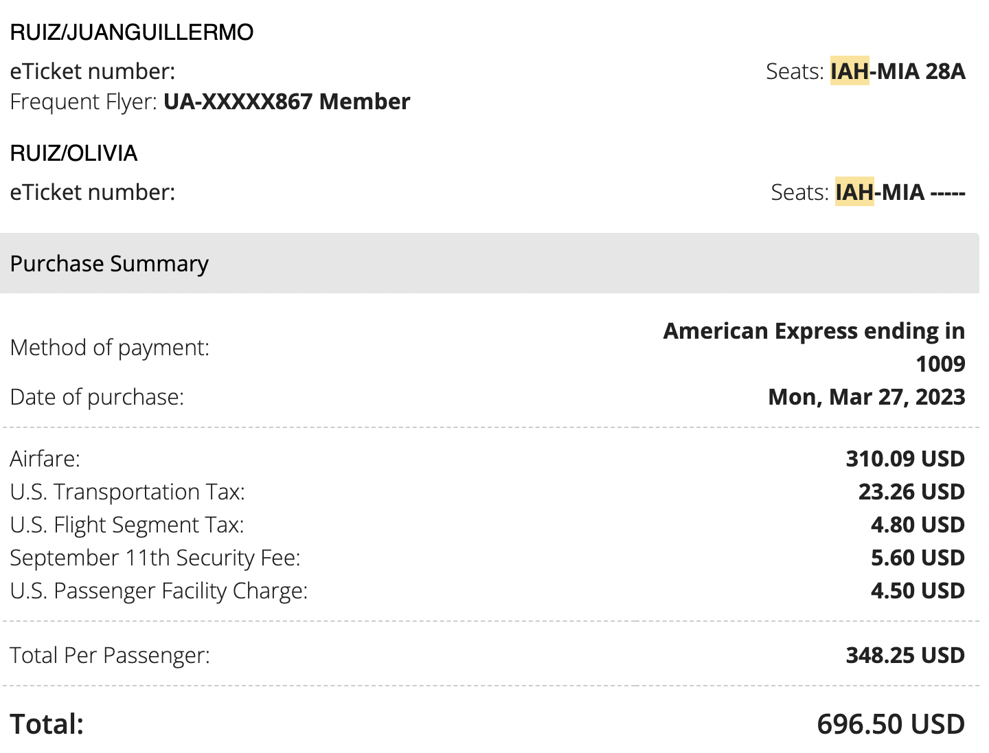 United Airlines IAH-MIA Screenshot