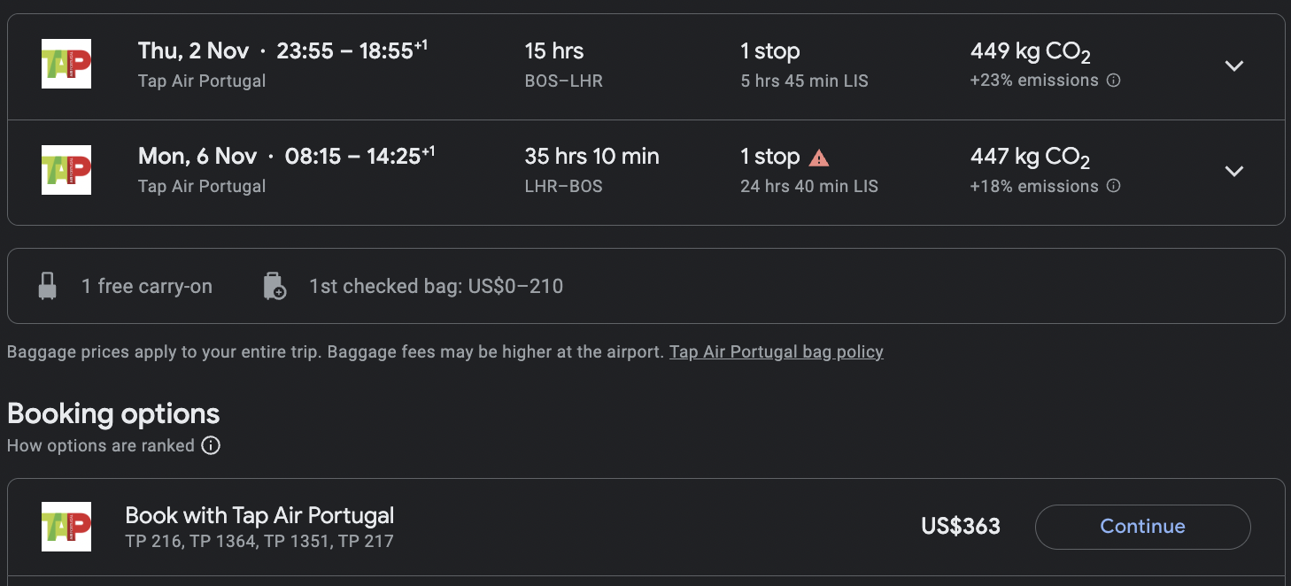 TAP BOS to LHR