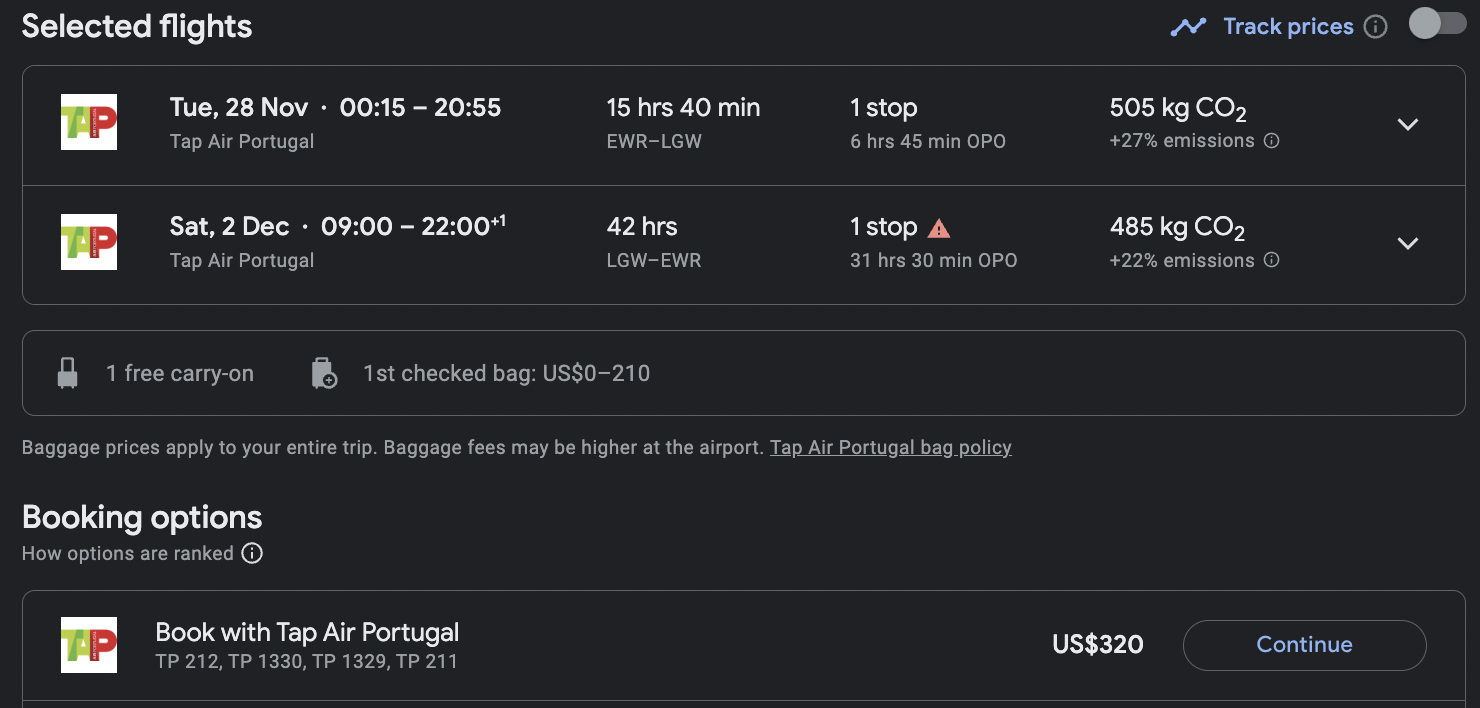 TAP EWR to LGW