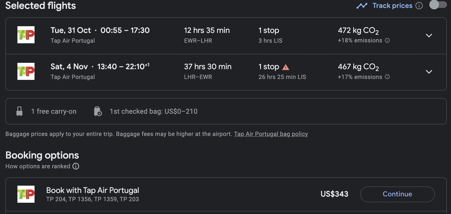 TAP EWR to LHR
