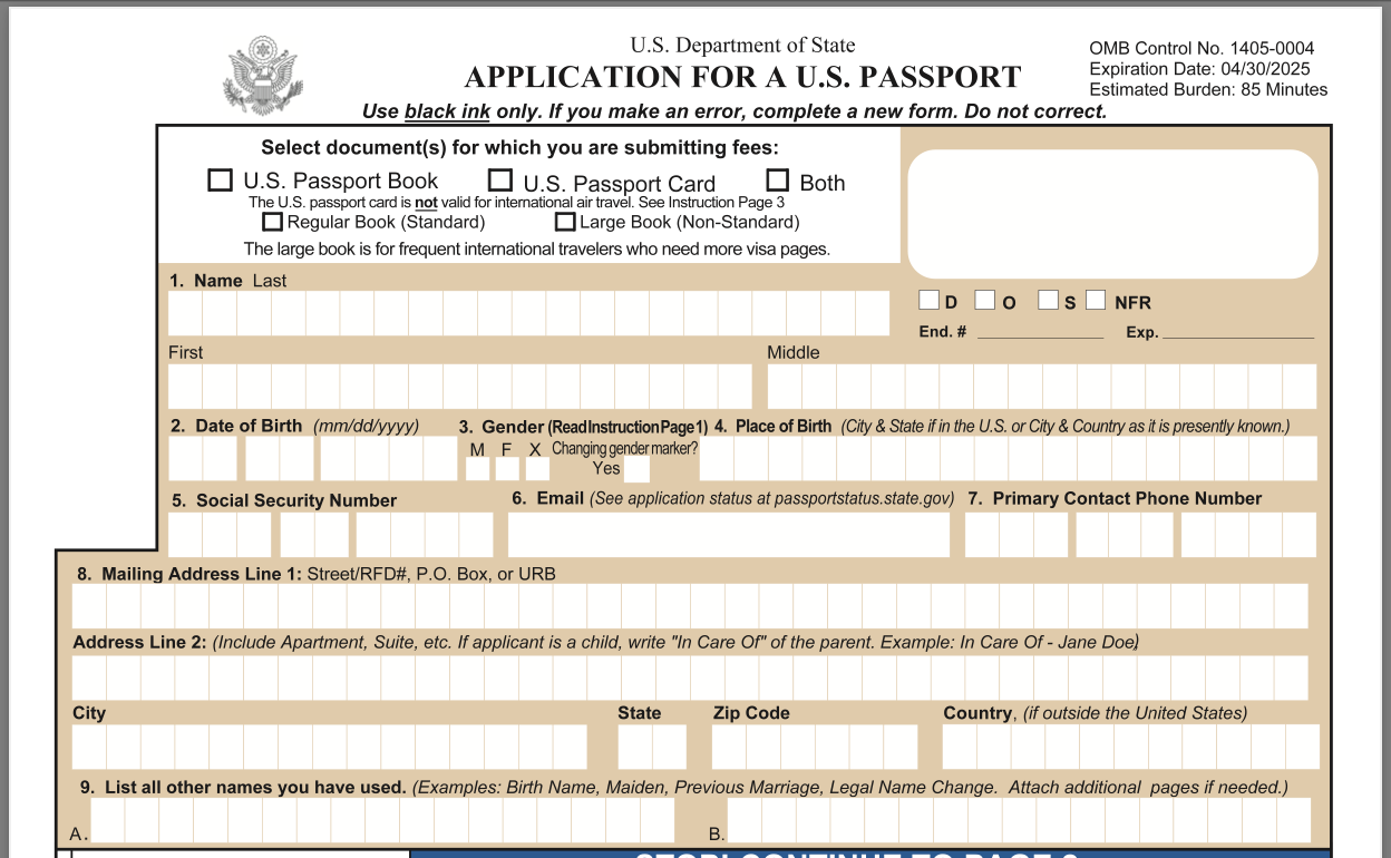US Passport Application DS 11 2023