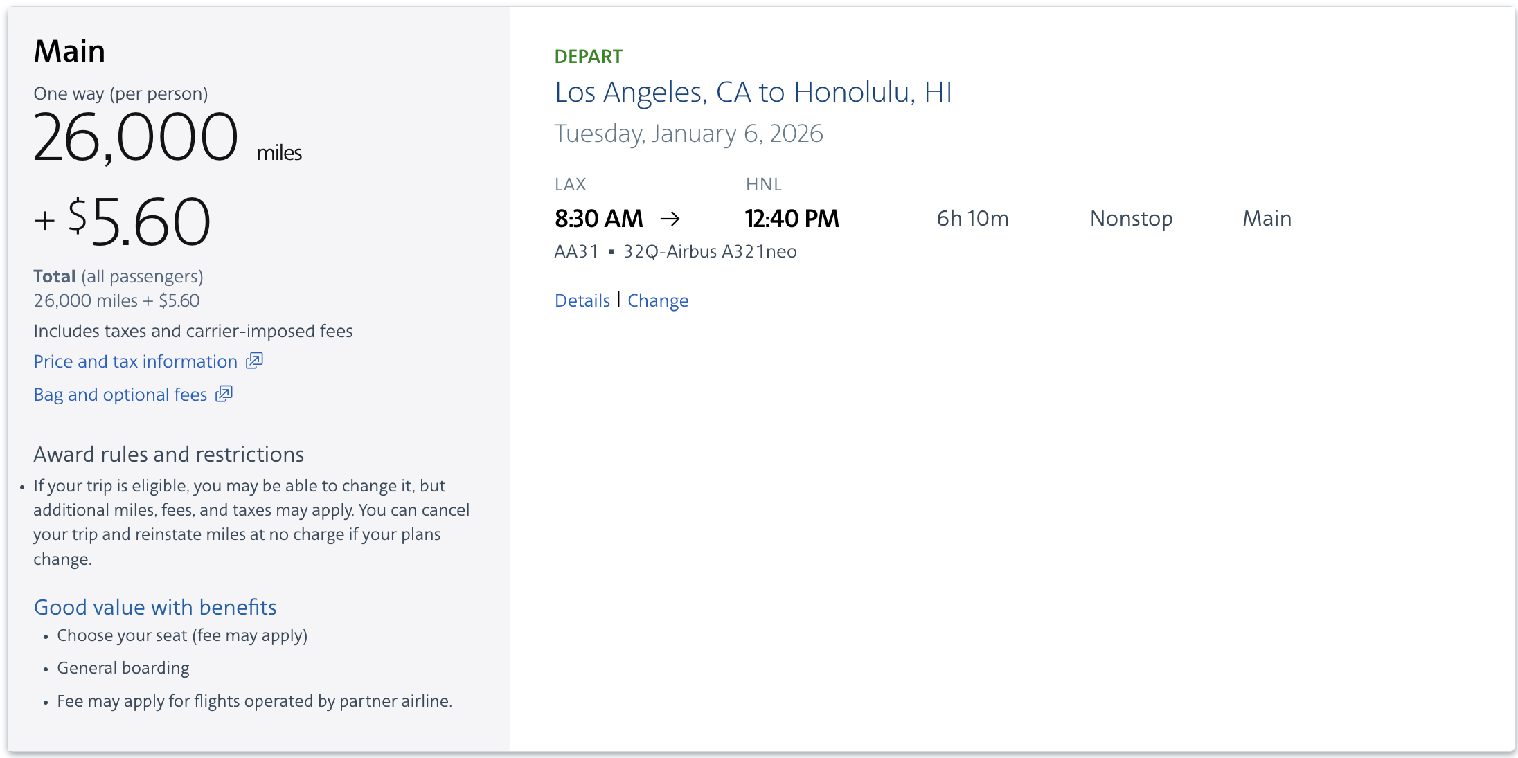 aa award lax hnl economy
