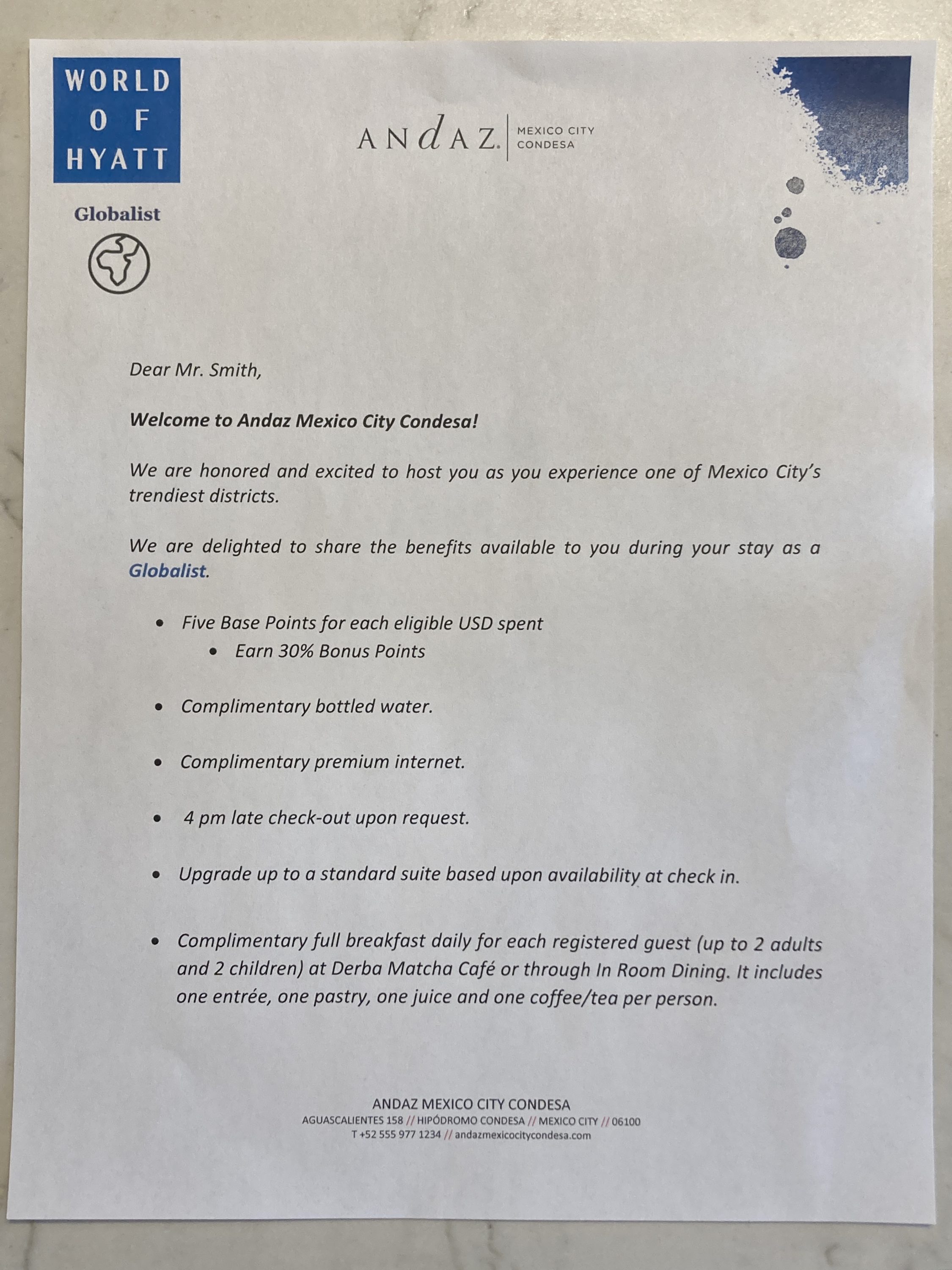 Andaz Mexico City Condesa welcome letter globalist Andaz Mexico City Condesa welcome letter globalist