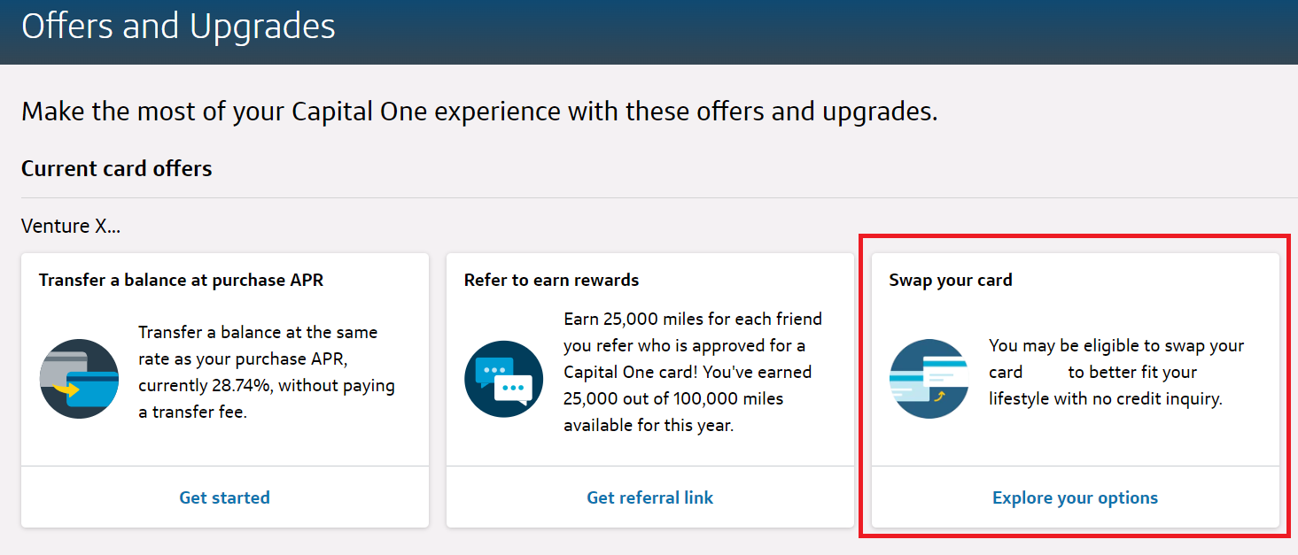 Capital One Offers and Upgrades screen