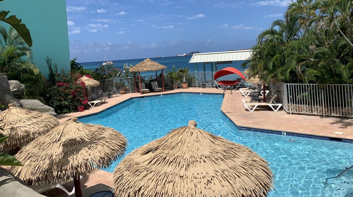 The view of Lindbergh Bay from the pool at Emerald Beach Resort. The view of Lindbergh Bay from the pool at Emerald Beach Resort.