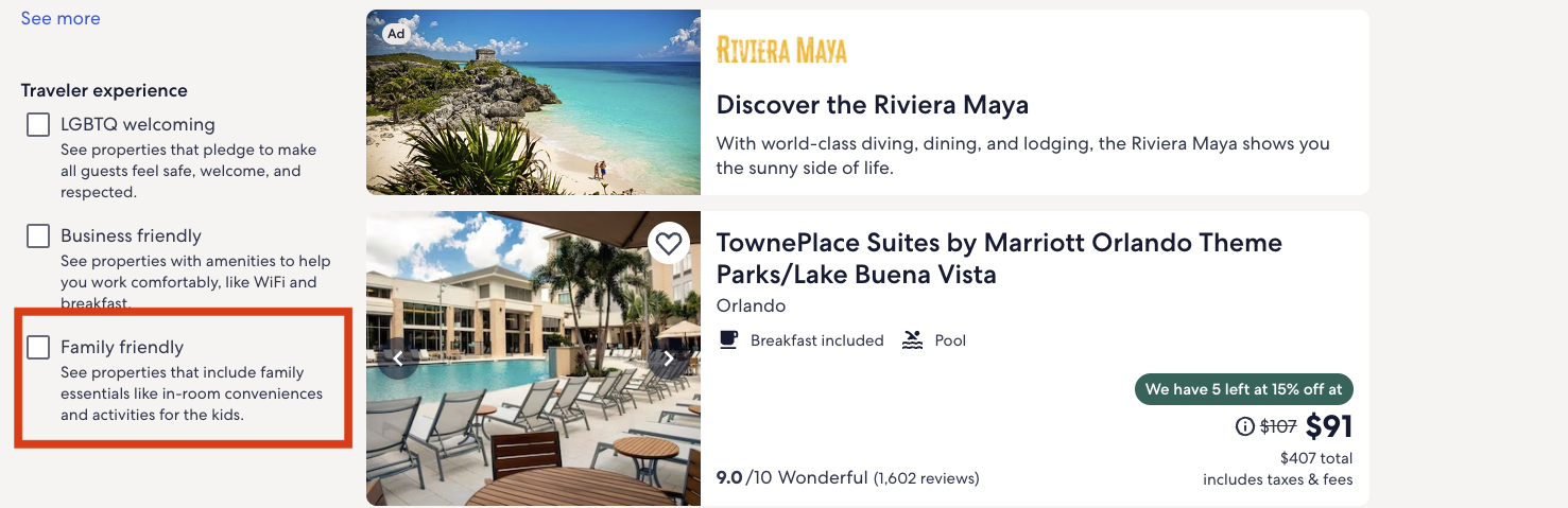 A screenshot of how to find family-friendly options on Expedia. A screenshot of how to find family-friendly options on Expedia.