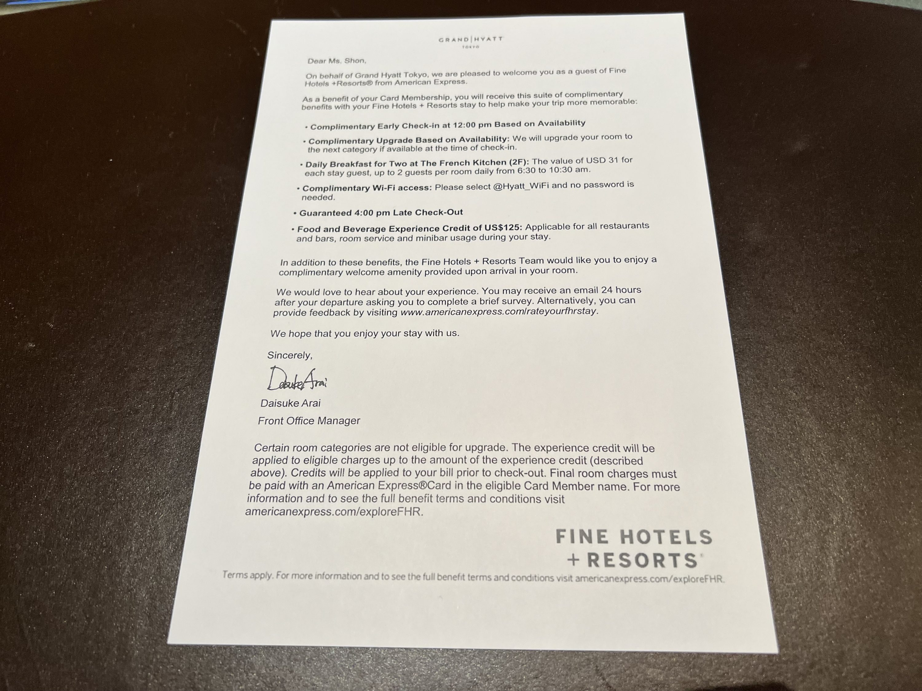 Grand Hyatt Tokyo Amex FHR Letter Grand Hyatt Tokyo Amex FHR Letter