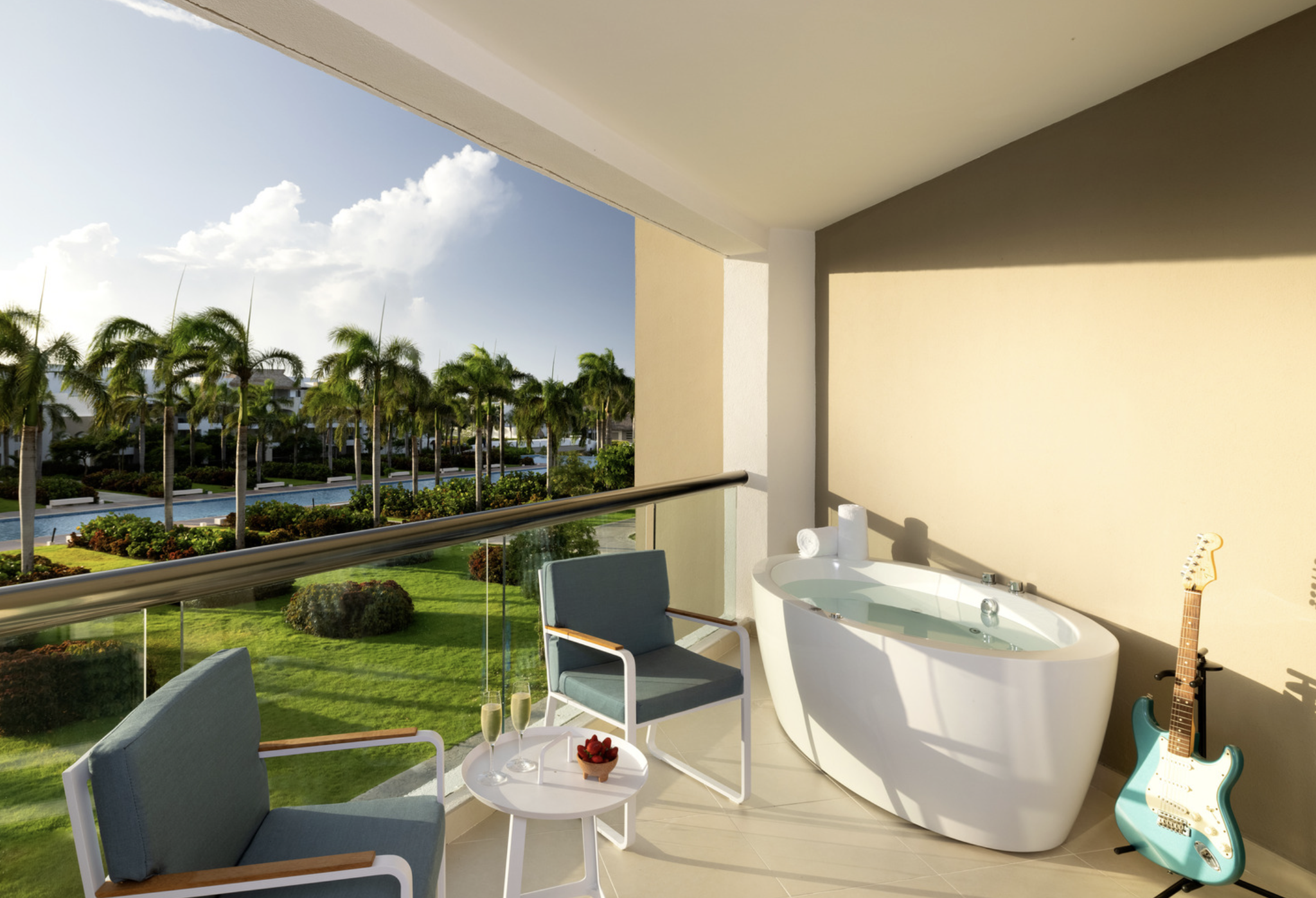 Hard Rock Hotel Punta Cana balcony with guitar and tub