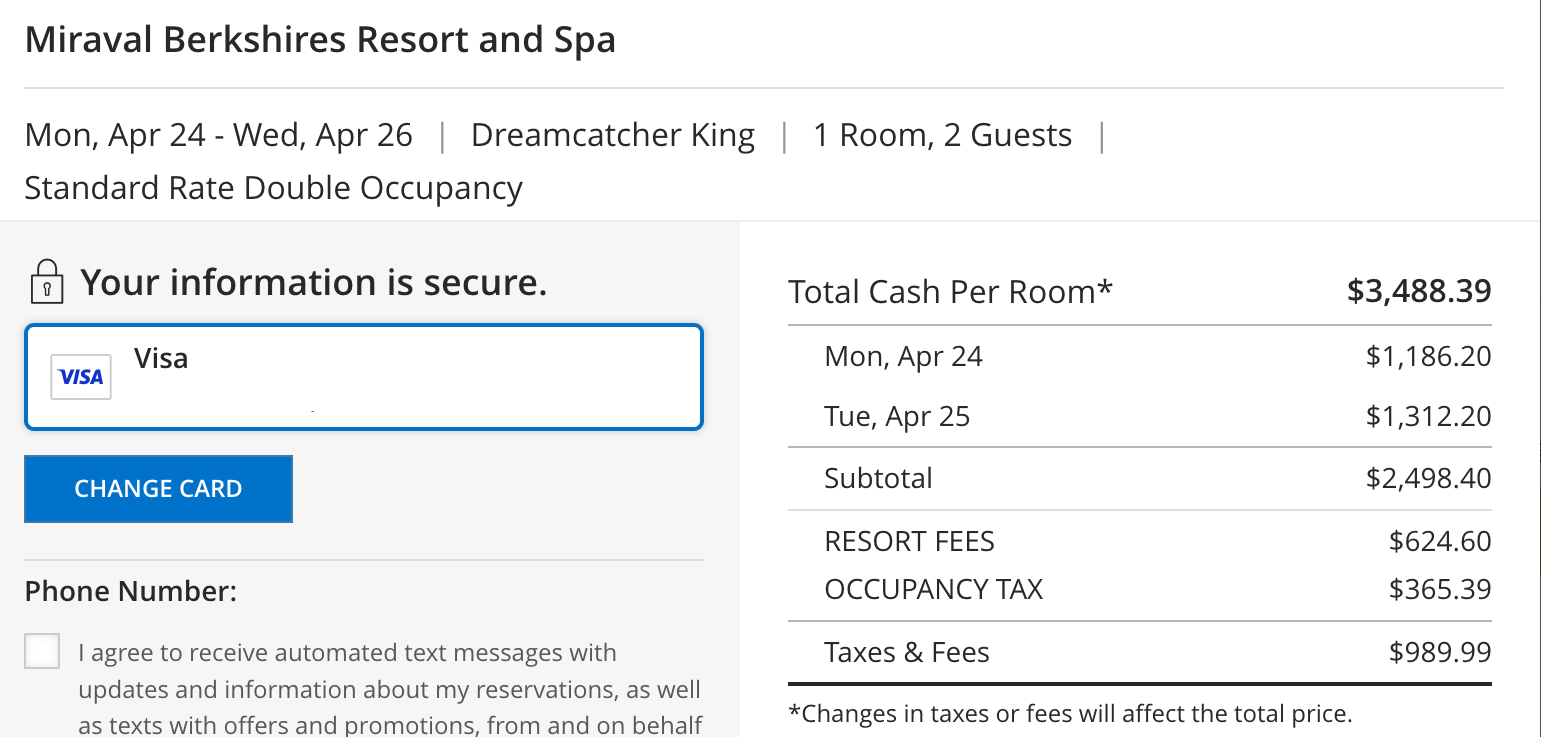 Miraval Berkshires total cost for 2 people
