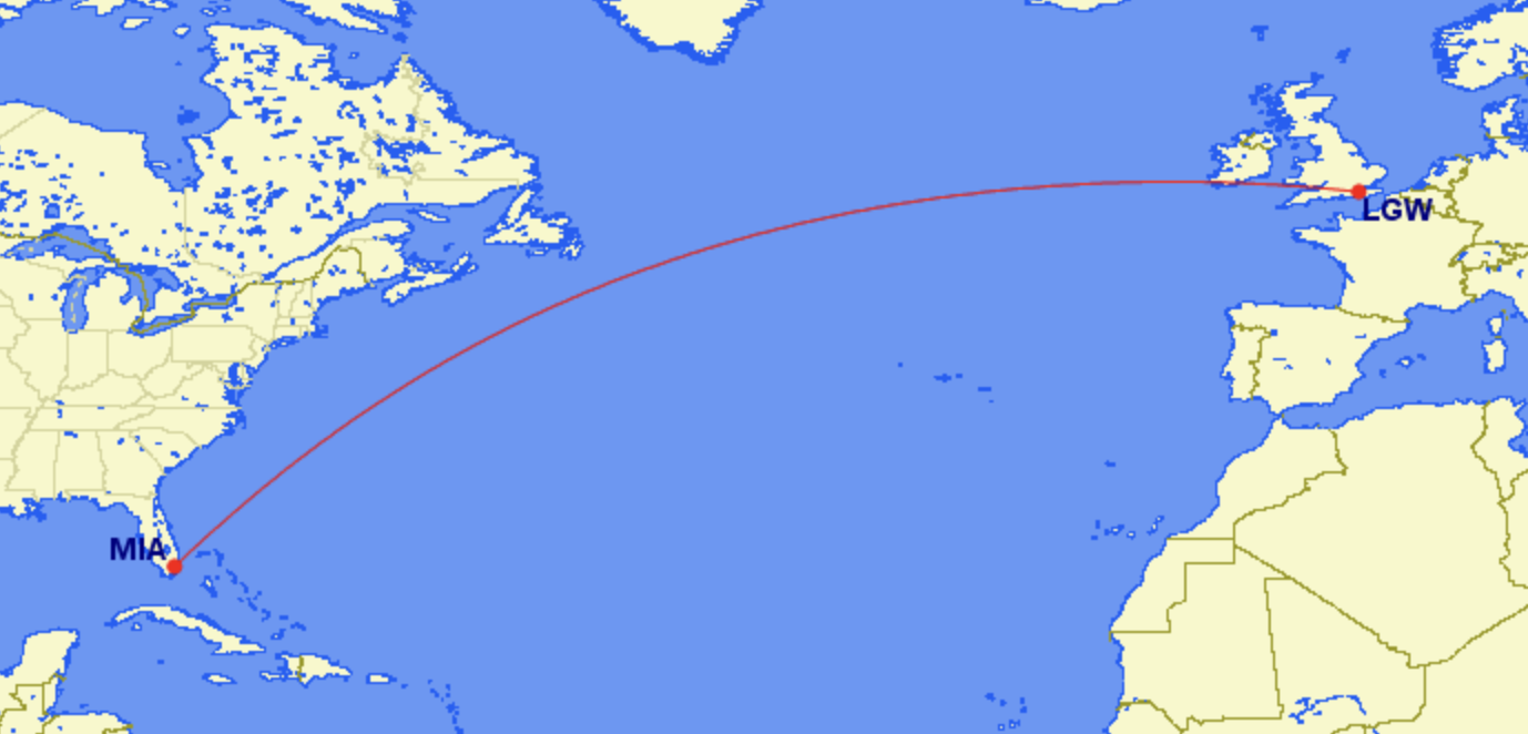 Norse Miami to Gatwick Route Norse Miami to Gatwick Route