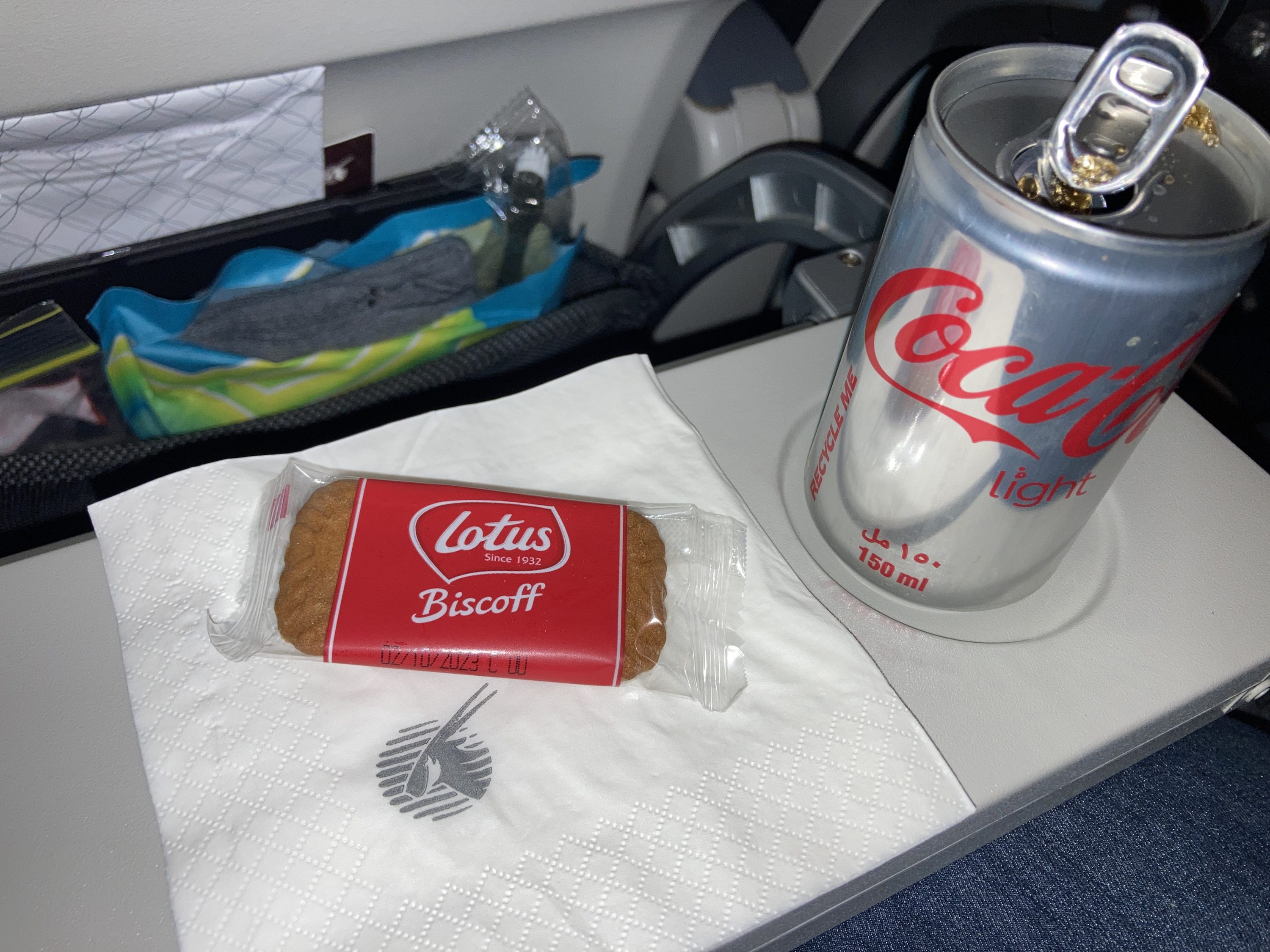 Qatar Airways 777 DOH DFW economy Biscoff
