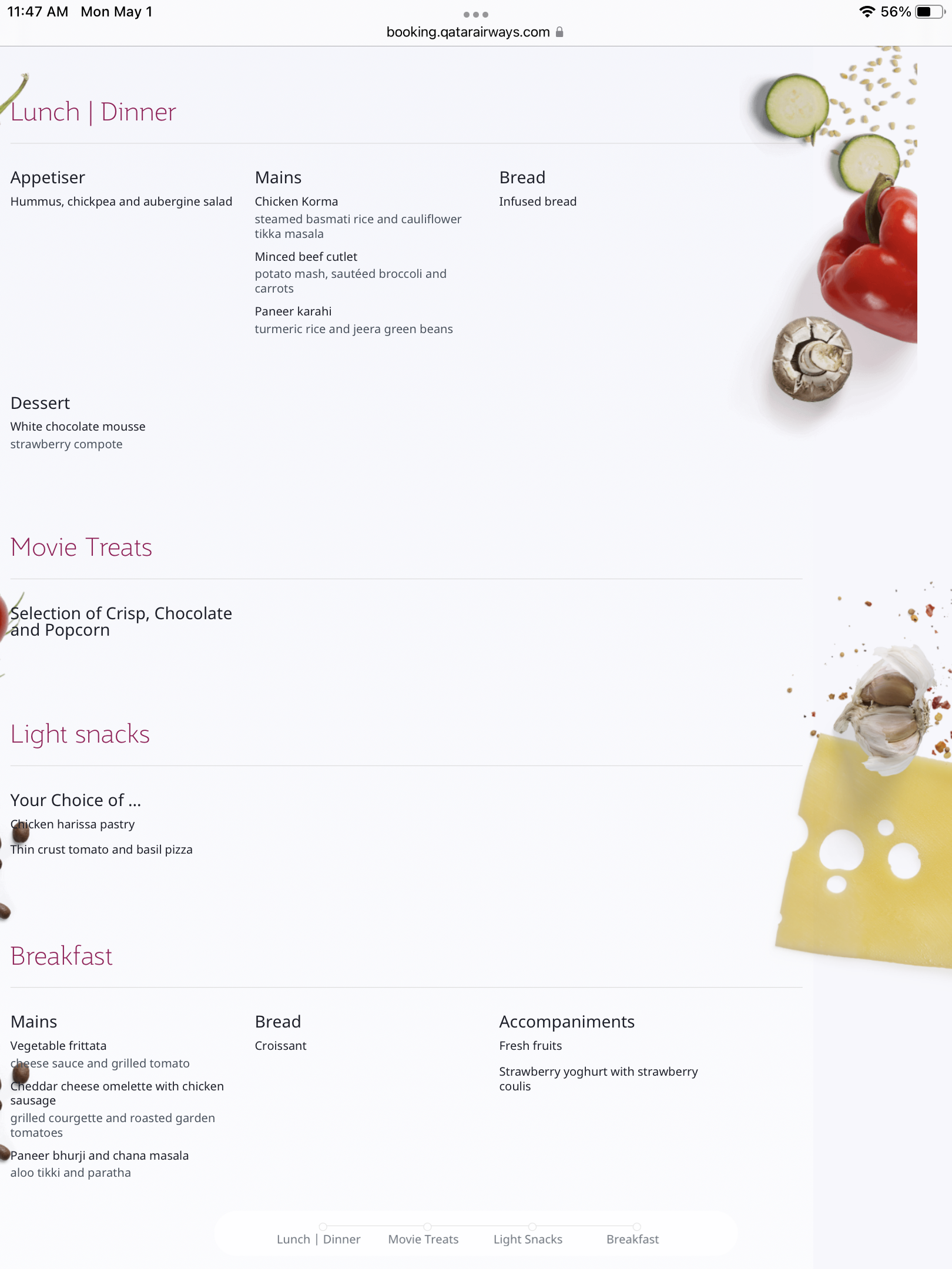 Qatar Airways 777 DOH DFW economy menu