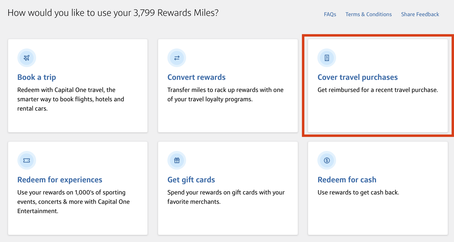 Screenshot of all the ways you can redeem your Capital One miles. Screenshot of all the ways you can redeem your Capital One miles.